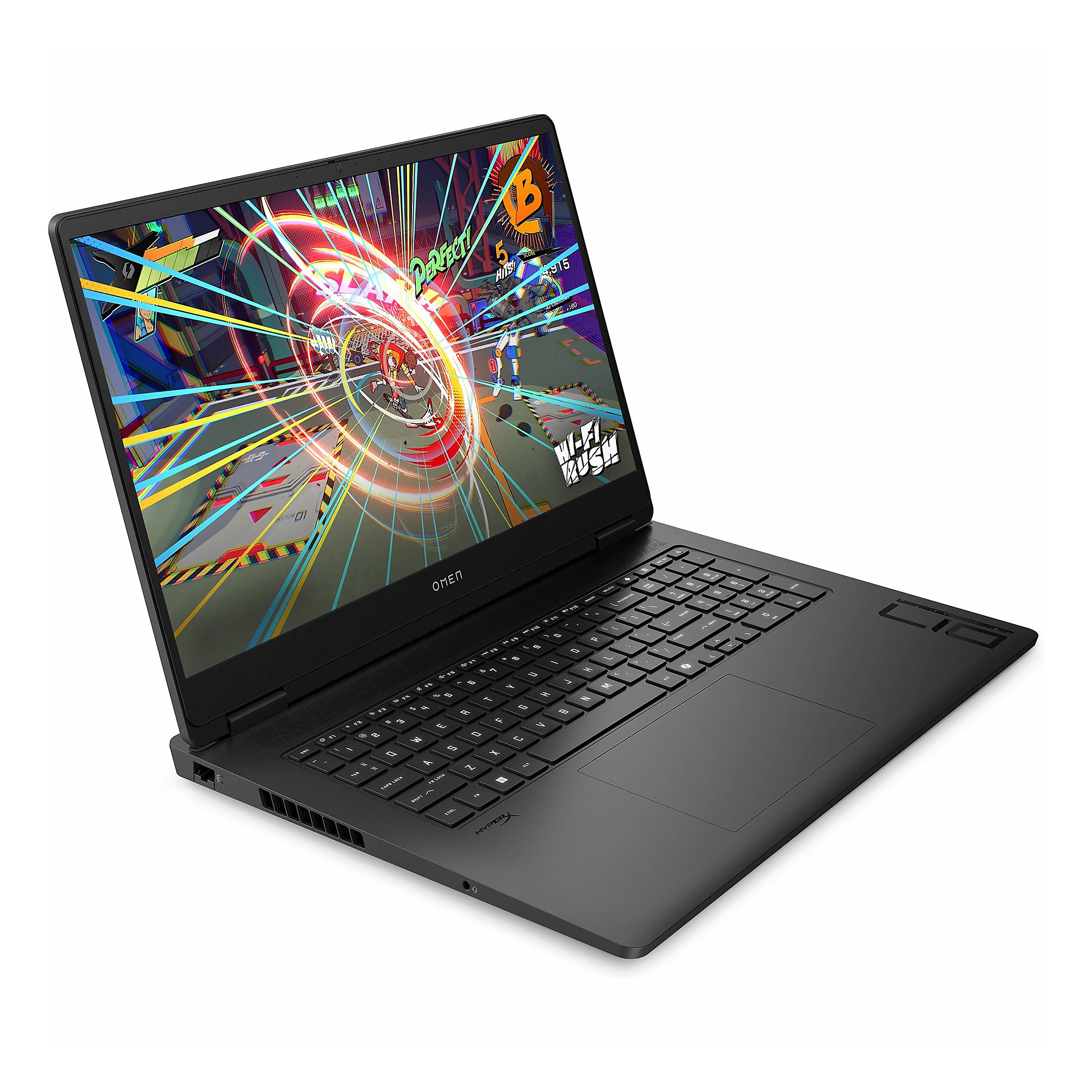 Ein schwarzer OMEN-Laptop zeigt eine farbenfrohe Spielszene. Die Tastatur ist sichtbar. Der Laptop ist auf einer weißen Oberfläche angewinkelt.