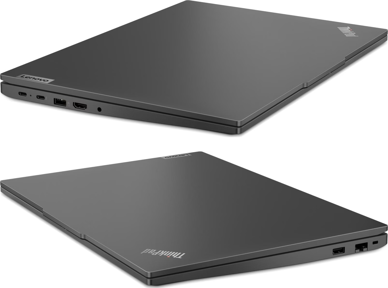 Zwei graue Lenovo ThinkPad Laptops. Der obere zeigt Anschlüsse. Der untere zeigt das ThinkPad-Logo.