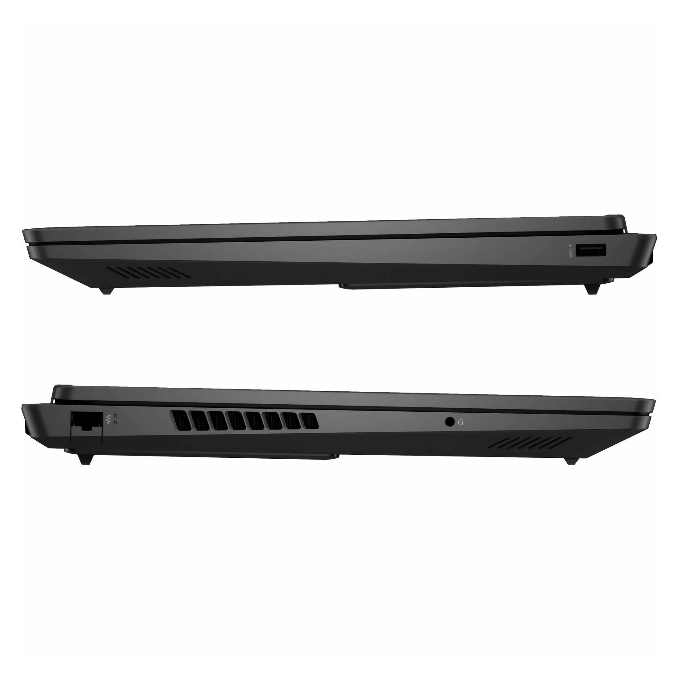 Zwei schwarze Laptops in Seitenansicht, die Anschlüsse und Lüfter zeigen. Der obere hat einen USB-Anschluss. Beide stehen auf weißem Grund.