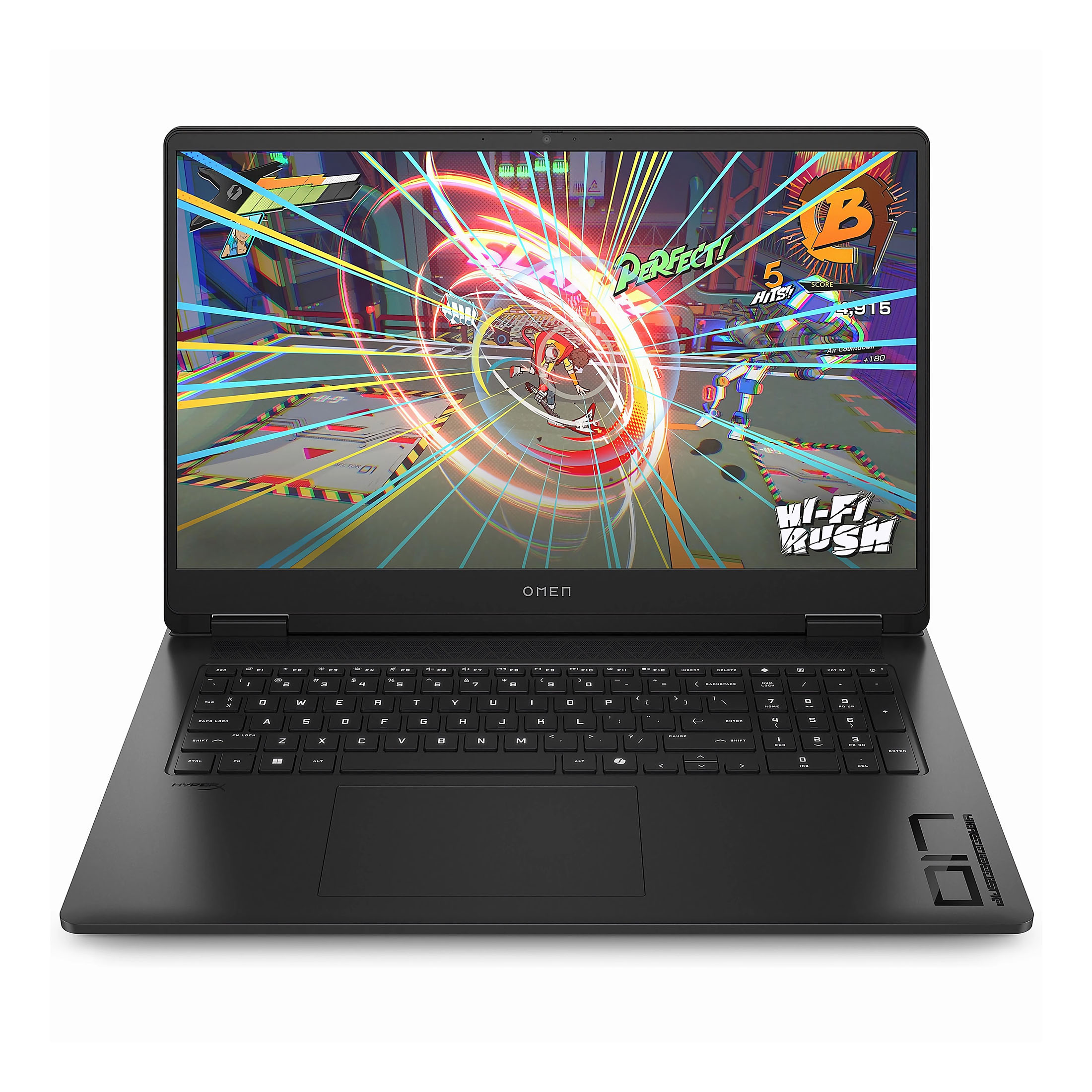 Ein schwarzer Omen-Laptop zeigt ein Spiel mit bunten Grafiken. Tastatur und Trackpad sind sichtbar.