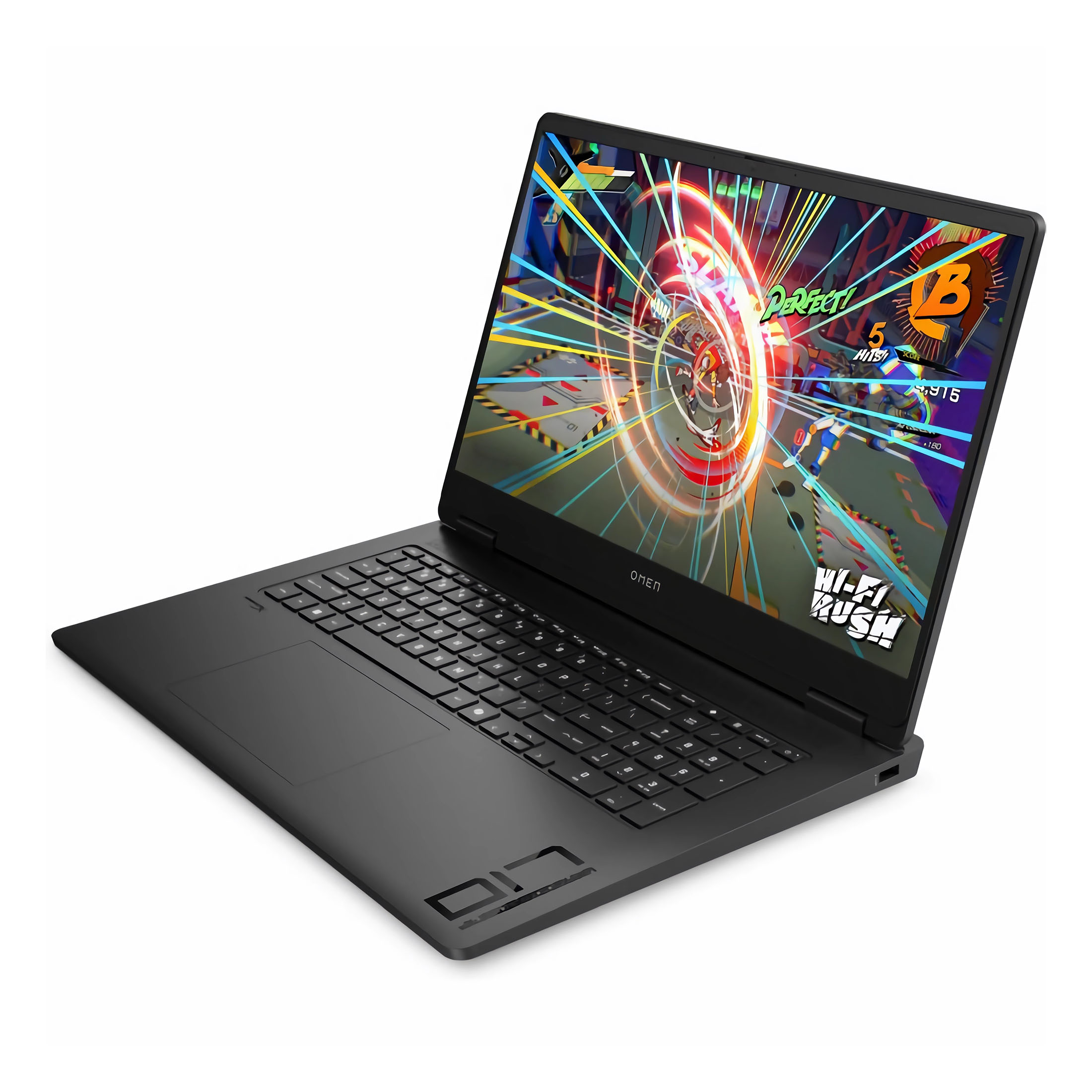 Schwarzer Omen-Laptop mit farbenfrohem Spielbildschirm. Tastatur sichtbar. Weißer Hintergrund.