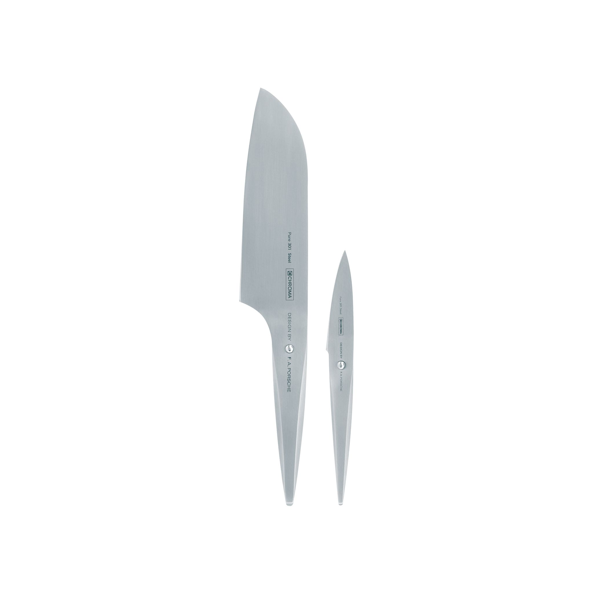 Zwei silberne Küchenmesser auf weißem Hintergrund. Eines ist groß, das andere kleiner. Beide haben das gleiche Design.
