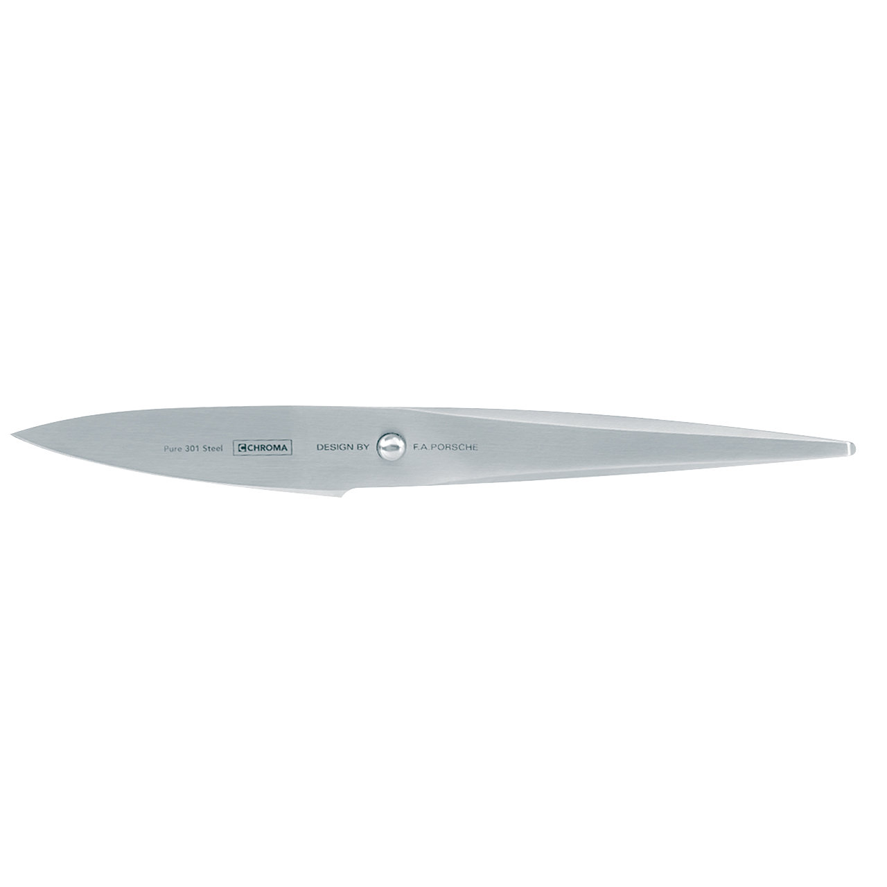 Ein schlankes, silbernes Messer wird horizontal dargestellt. Es ist mit 'Pure 301 Steel', 'CHROMA', 'DESIGN BY' und 'F.A. PORSCHE' markiert.