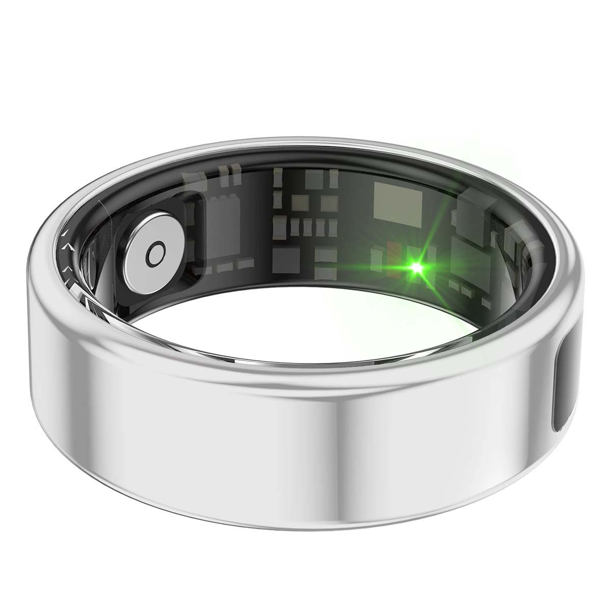 Ein silberner intelligenter Ring. Der innere Teil hat eine Platine mit einem grünen Licht. Ein schwarzer Abschnitt an der Seite.