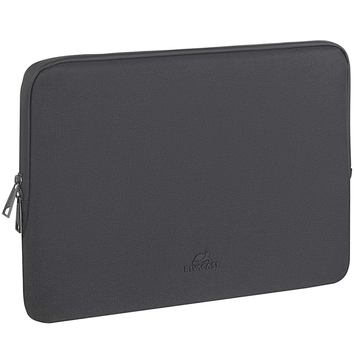 Una custodia per laptop grigio scuro con cerniera sul lato sinistro. Il marchio 'RIVACASE' è visibile in basso a destra.
