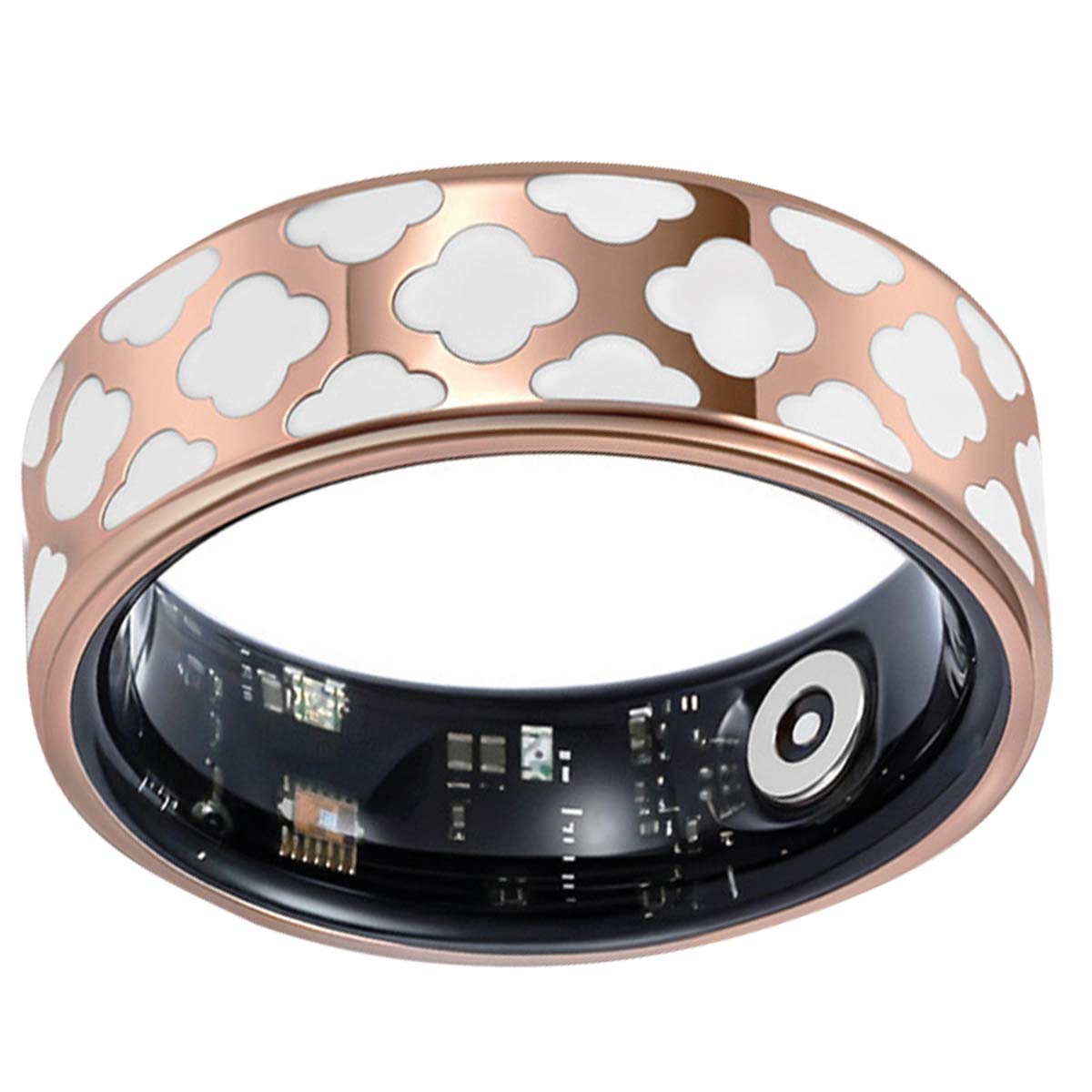 Ein roségoldener Ring mit weißen Wolkenmotiven. Der Innenteil ist schwarz mit elektronischen Bauteilen und einem Sensor.