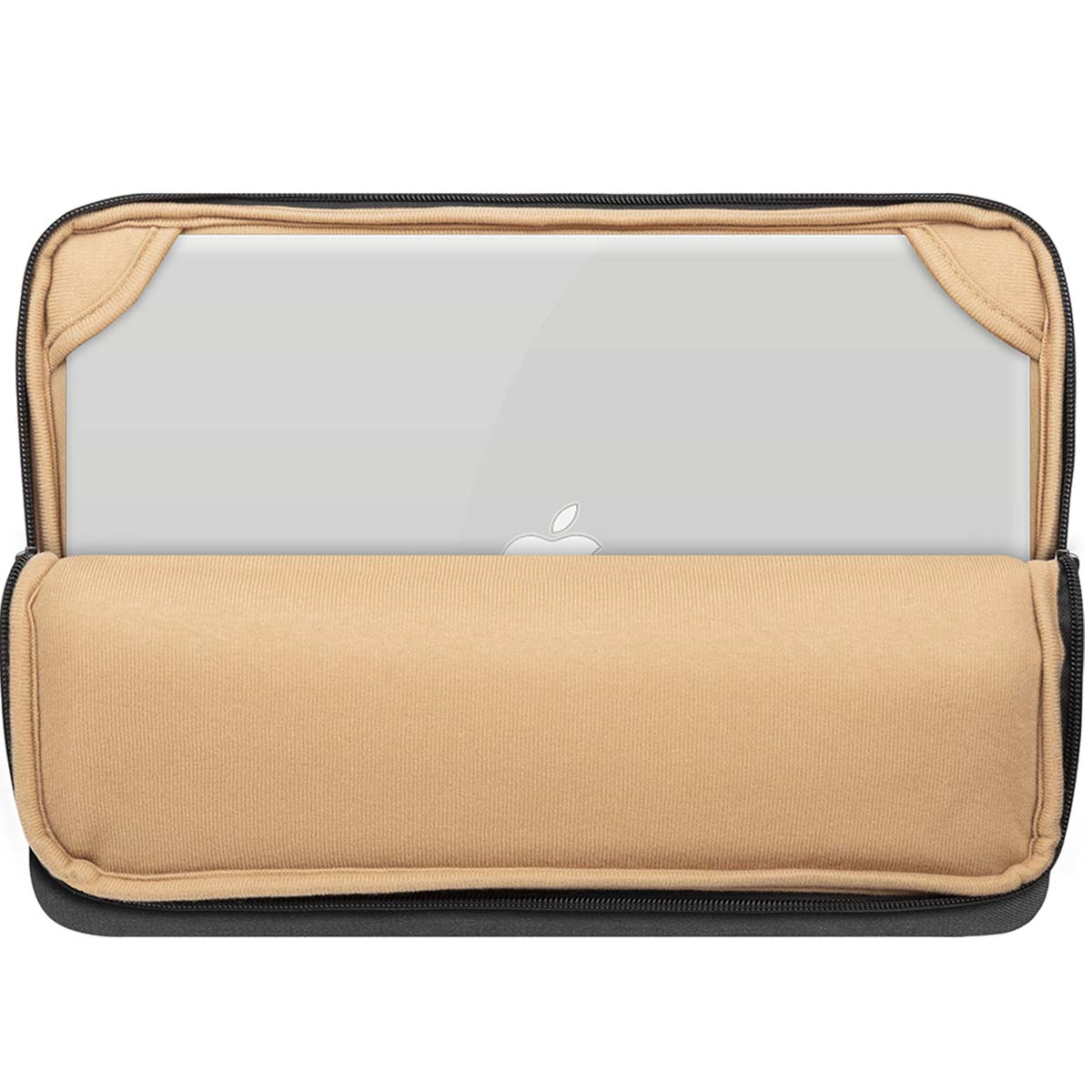 Custodia per laptop aperta. Interno beige con cerniera nera. Logo Apple visibile. Laptop all'interno della custodia.