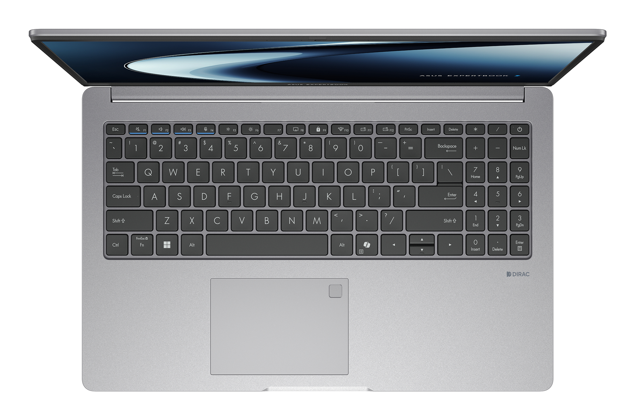 Vista dall'alto di un laptop argentato. Tastiera, touchpad e schermo visibili. Lo schermo mostra un'immagine sfocata.