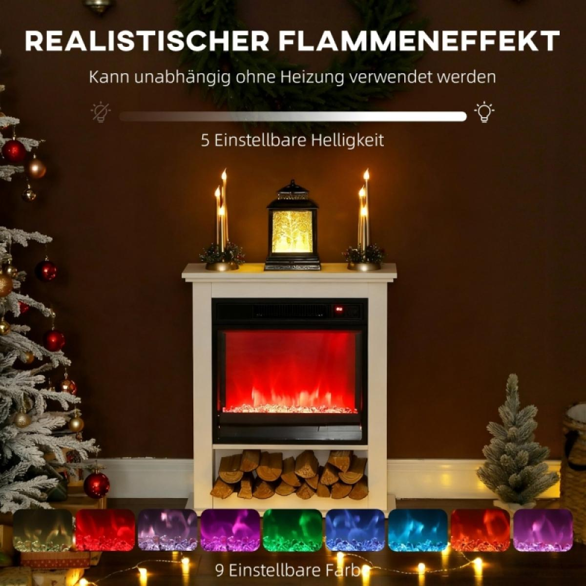 Ein Kamin mit Flammen, Kerzen und einer Laterne steht auf einem weißen Regal. Ein Weihnachtsbaum steht daneben. Neun Farboptionen sind unten.