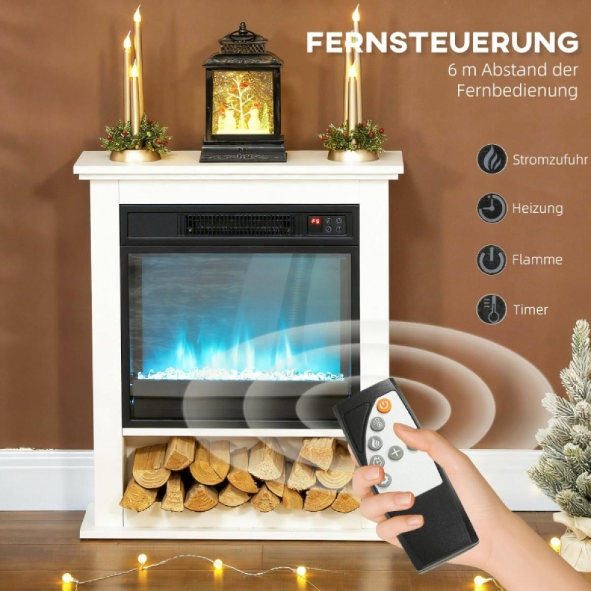 Ein weißer Kamin mit blauem Flammeneffekt, Brennholz, Fernbedienung, Kerzen und Laterne.