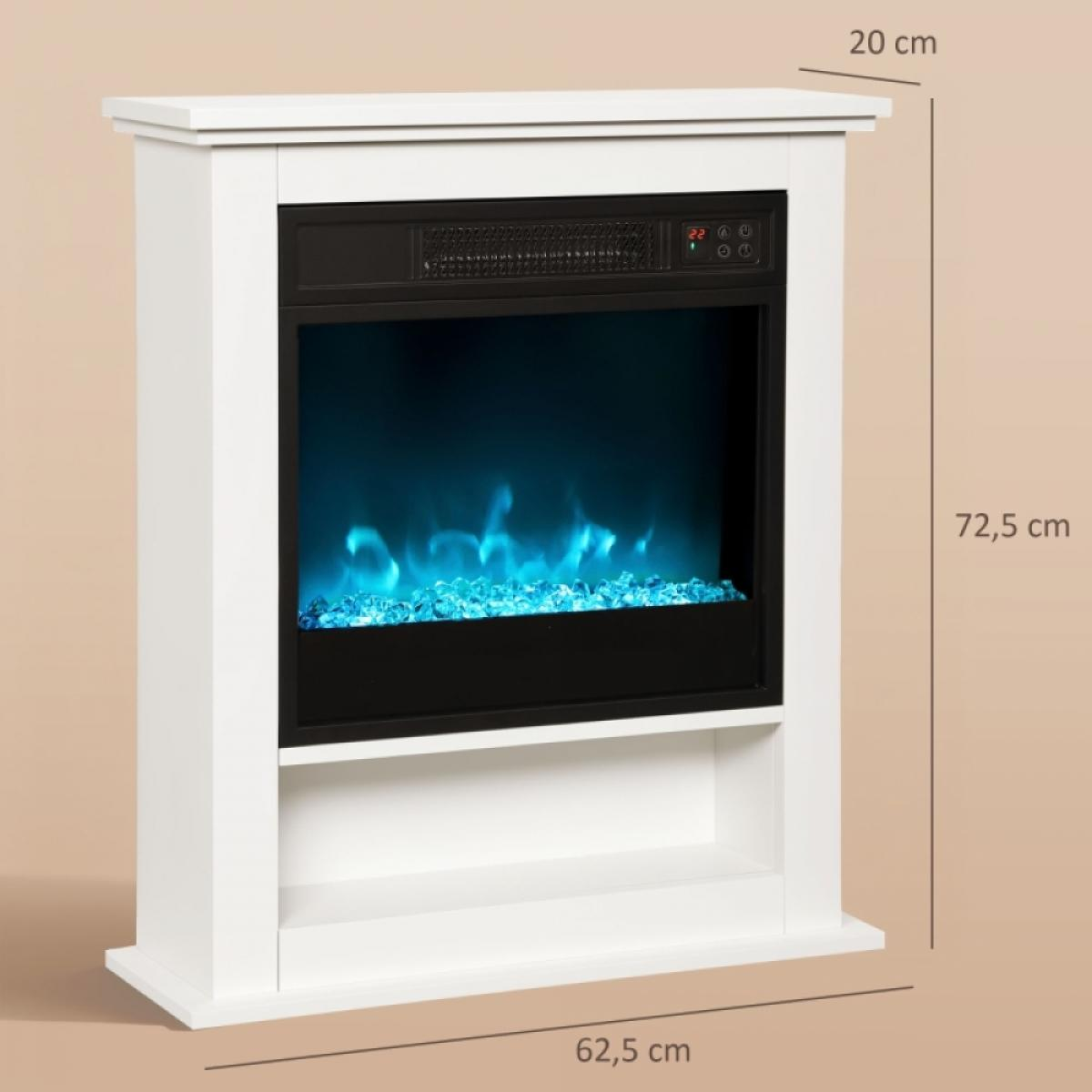 Weißer Elektrokamin mit blauem Flammeneffekt, schwarzem Innenraum und digitaler Anzeige. Maße: 62,5 cm x 20 cm x 72,5 cm.