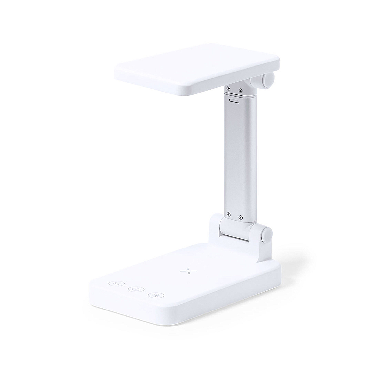 Eine weiße, faltbare LED-Schreibtischlampe. Sie hat einen rechteckigen Kopf und eine Basis mit einem zentralen, verstellbaren Arm.