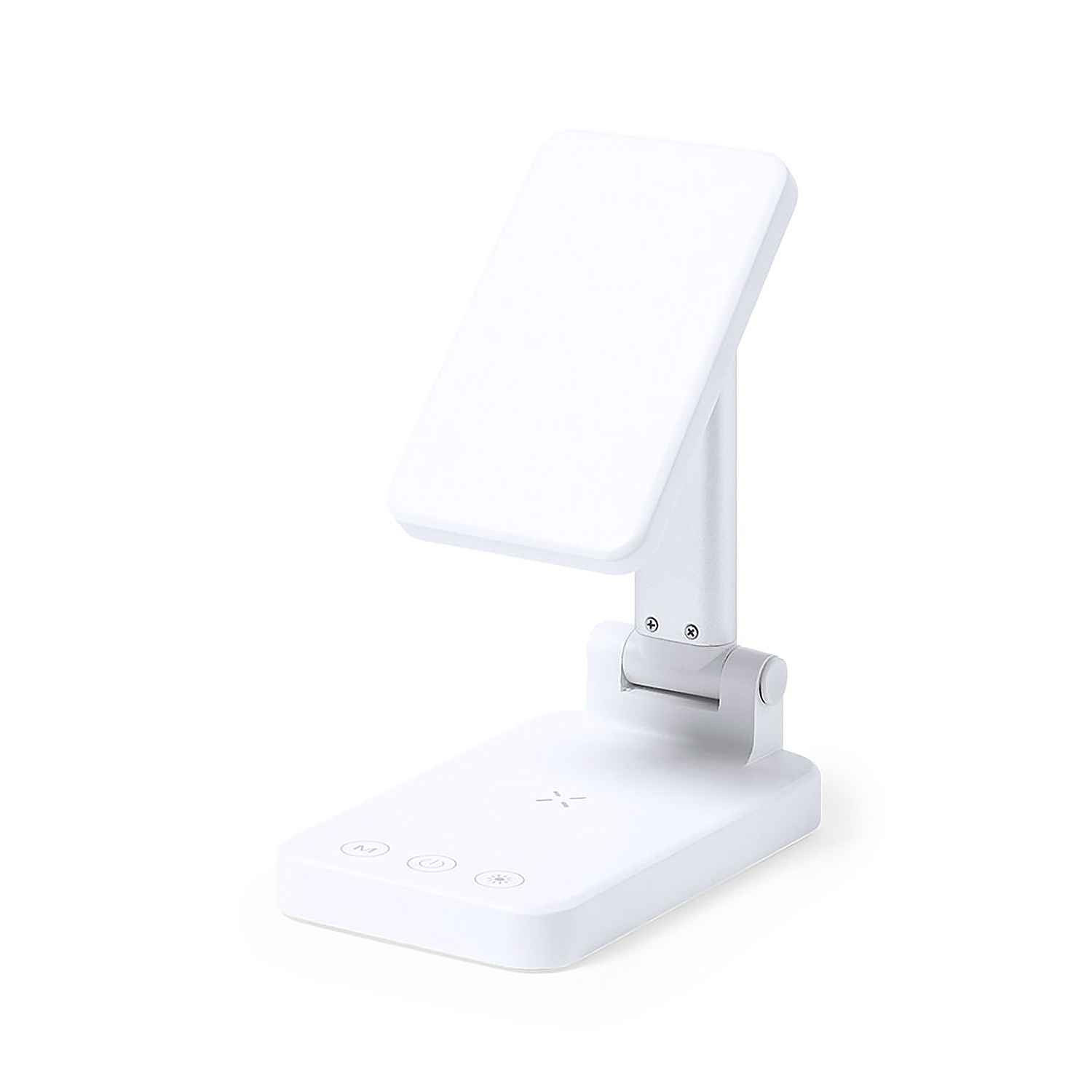 Eine weiße, faltbare Schreibtischlampe. Sie hat einen Sockel mit Knöpfen, einen vertikalen Arm und eine geneigte Lichttafel. Auf weißem Hintergrund.