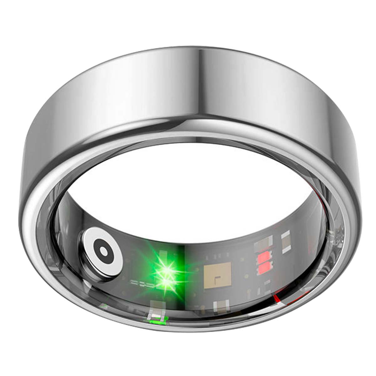 Ein silberner Smartring. Das Innenband hat eine Platine mit grünen und roten Lichtern. An der Seite befindet sich ein kleiner Knopf.