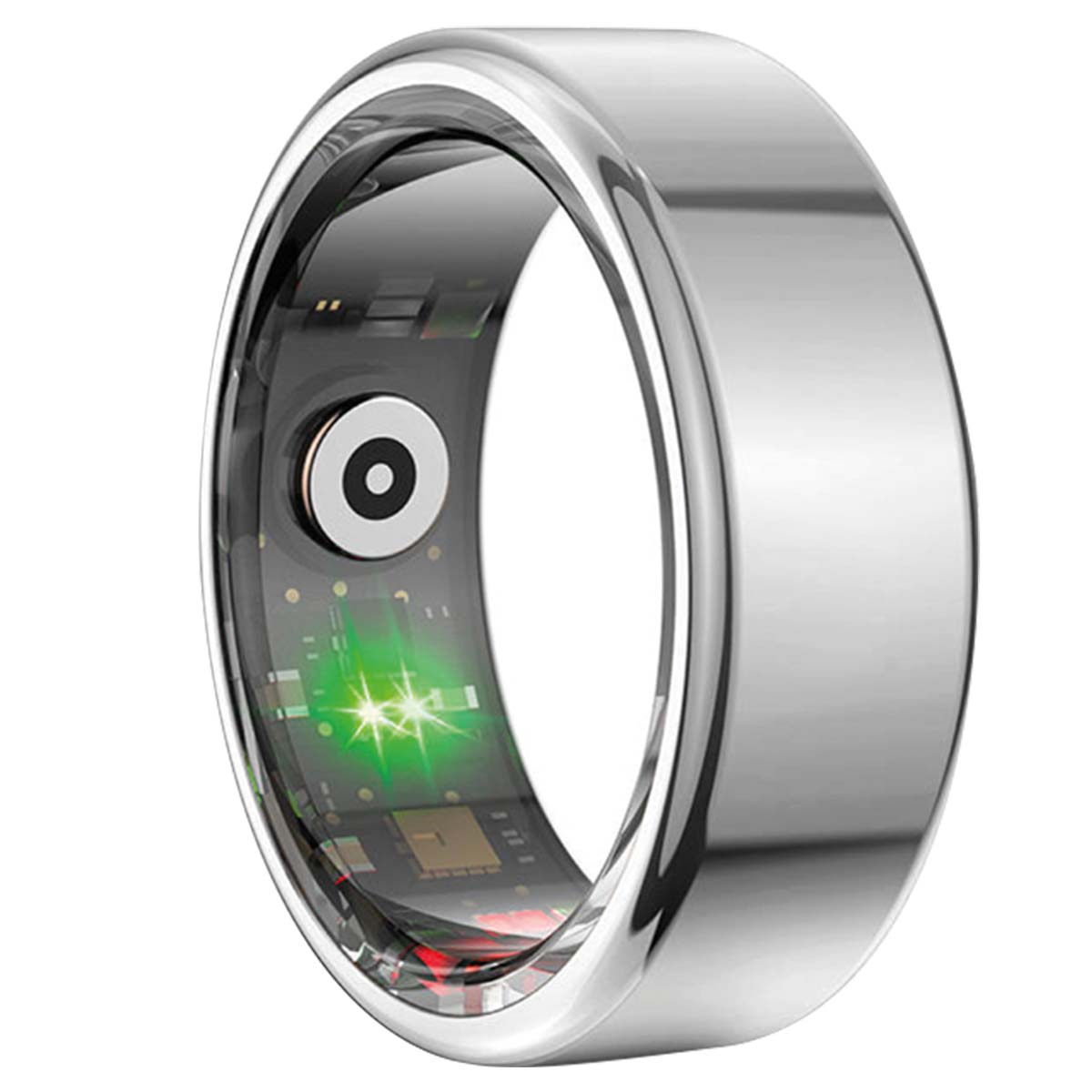 Ein silberner Smart-Ring. Im Inneren ist eine Platine mit grünem Licht sichtbar. Ein schwarzer Kreis ist innen.