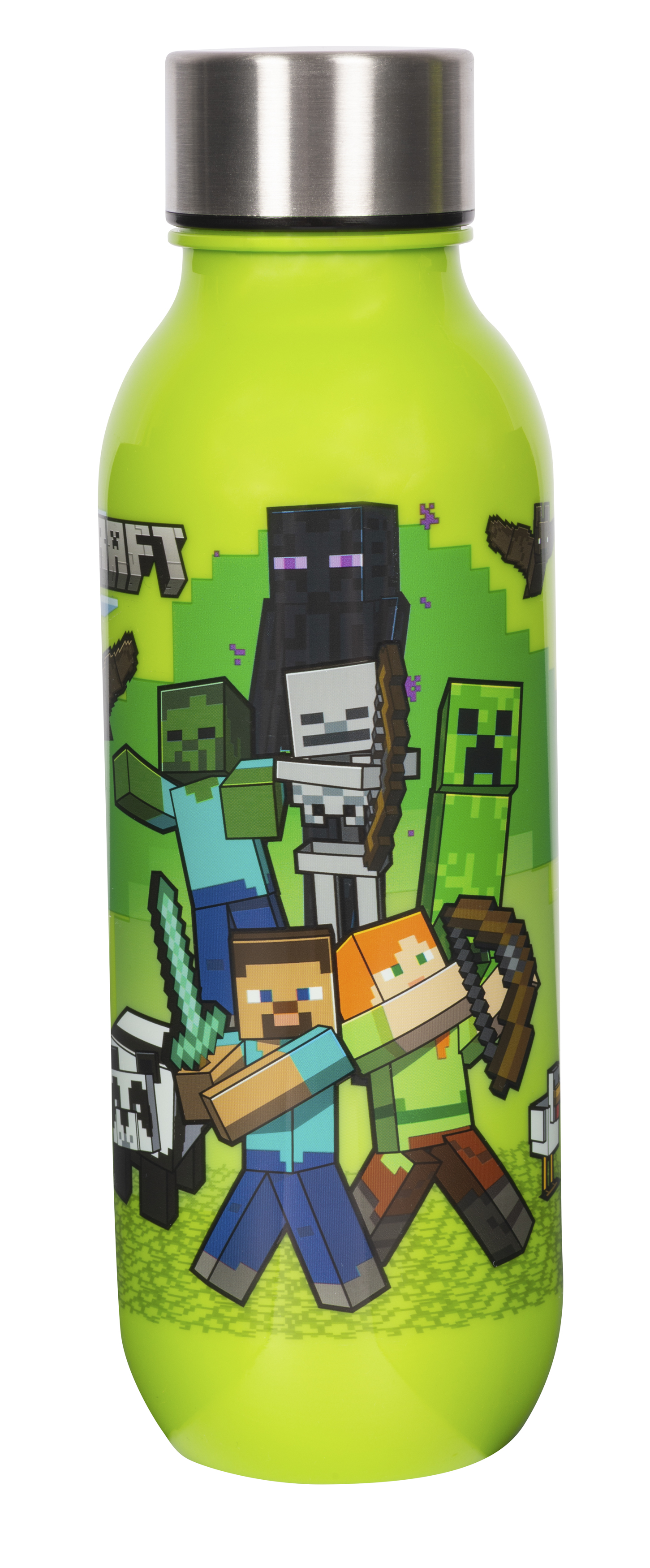 Grüne Minecraft-Wasserflasche mit Charakteren: Steve, Creeper, Enderman, Zombie, Skelett und Alex. Der Deckel ist silber.