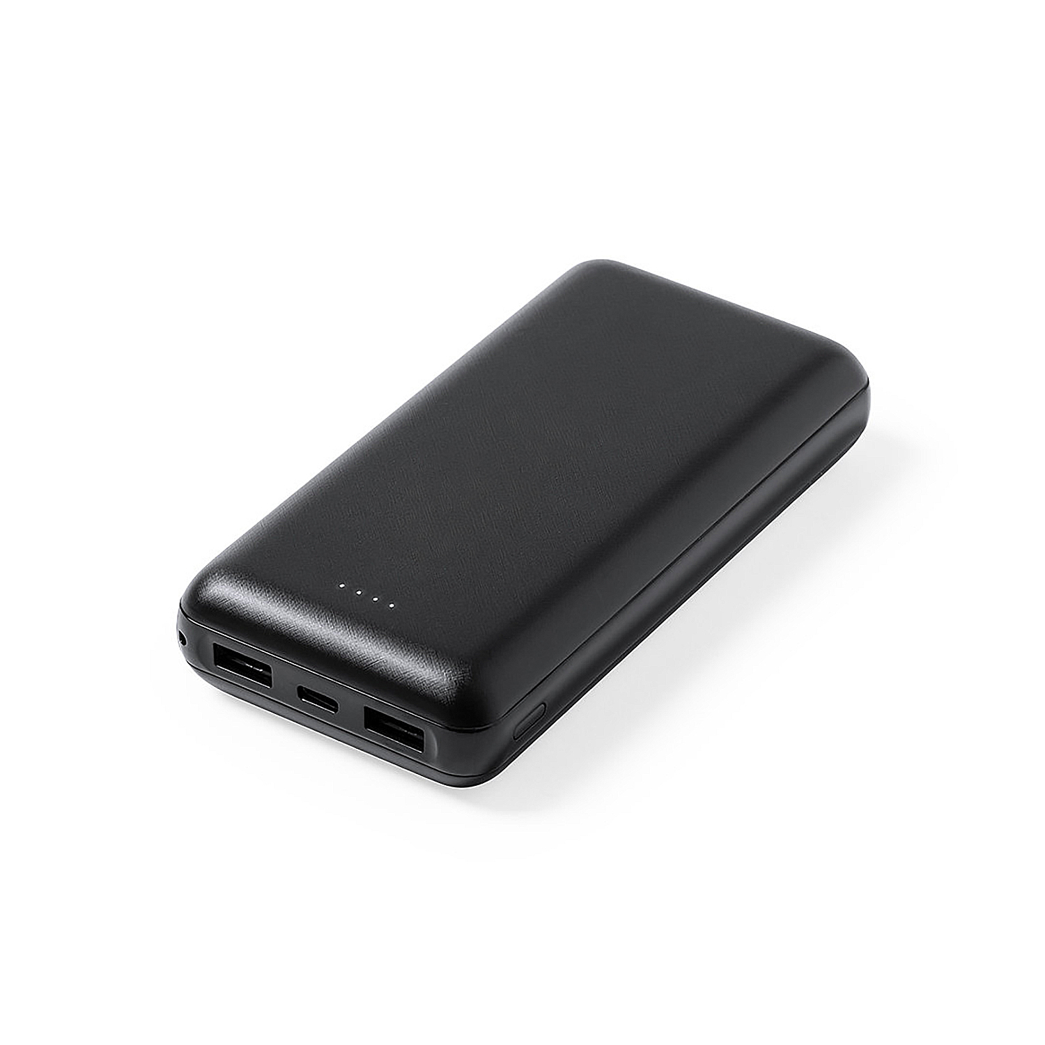 Power bank rettangolare nera su sfondo bianco. Ha tre porte e quattro spie. Scatto del prodotto pulito e semplice.
