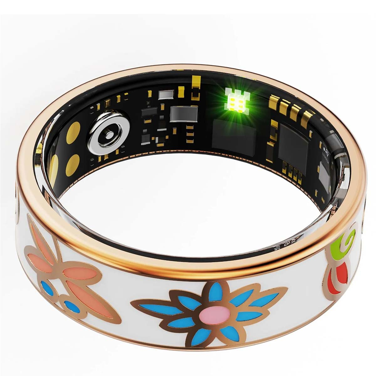 Smartring mit goldenem Band, weißer Außenseite mit Blumenmustern und schwarzer Innenseite mit elektronischen Komponenten und grünem Licht.