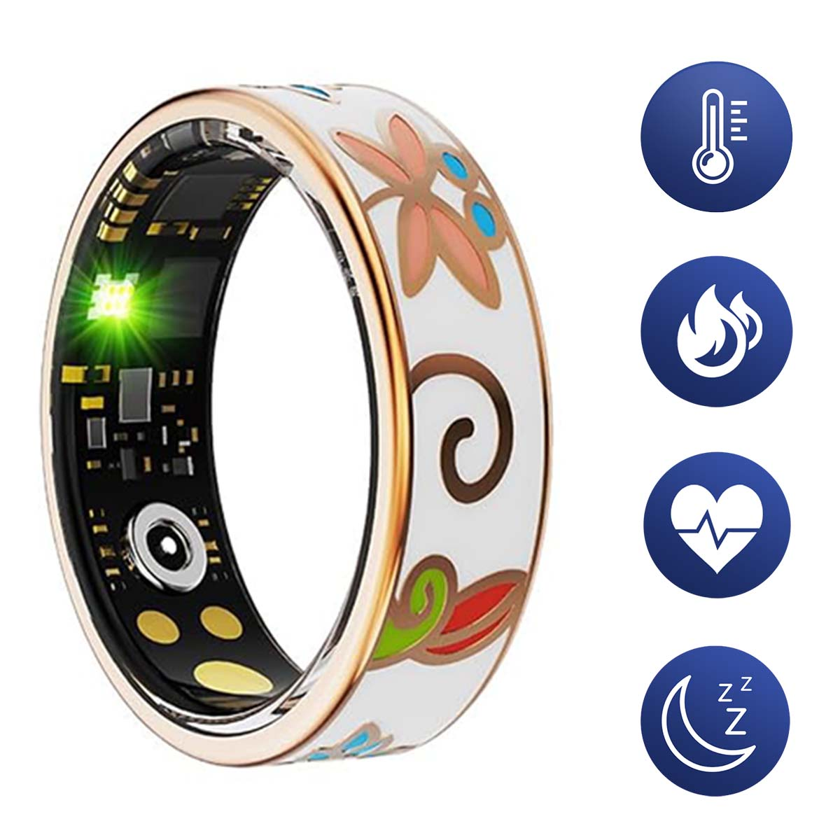 Intelligenter Ring mit floralem Design. Zeigt Gesundheits-Icons: Thermometer, Feuer, Herzschlag und Mond. Ring hat grünes Licht und Goldbesatz.