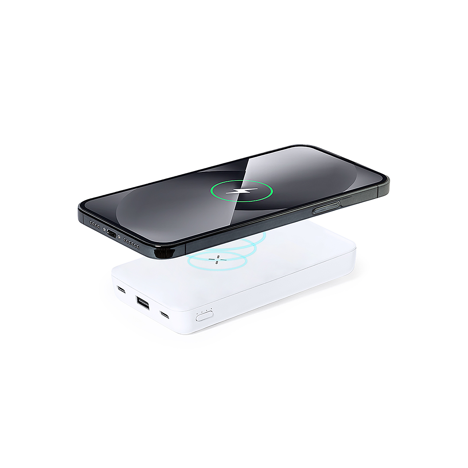 Un telefono si ricarica in modalità wireless su un power bank bianco. Un fulmine verde indica la ricarica. Lo sfondo è bianco.
