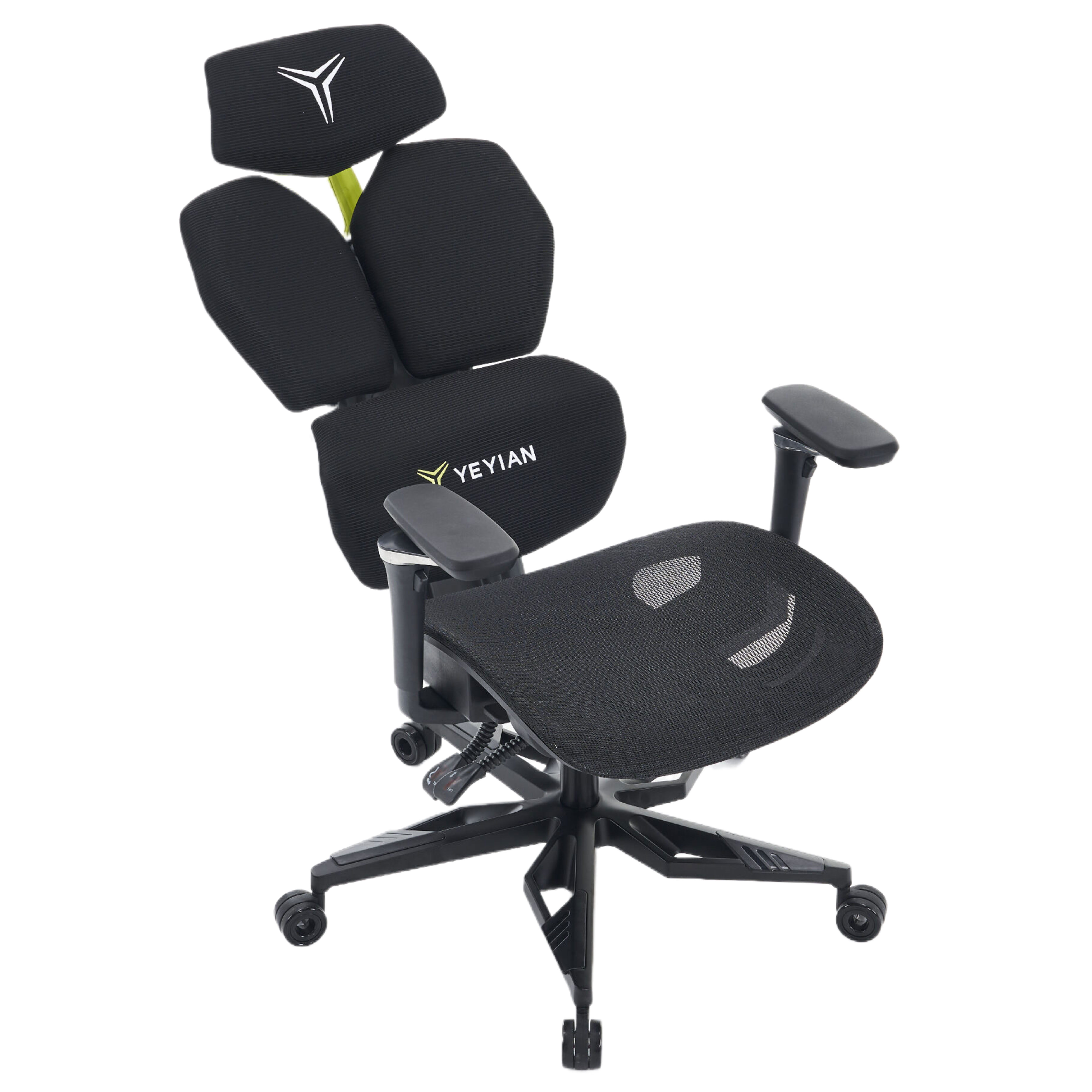 Silla de oficina ergonómica negra. Tiene reposacabezas, reposabrazos y asiento de malla. La silla está sobre un fondo blanco.