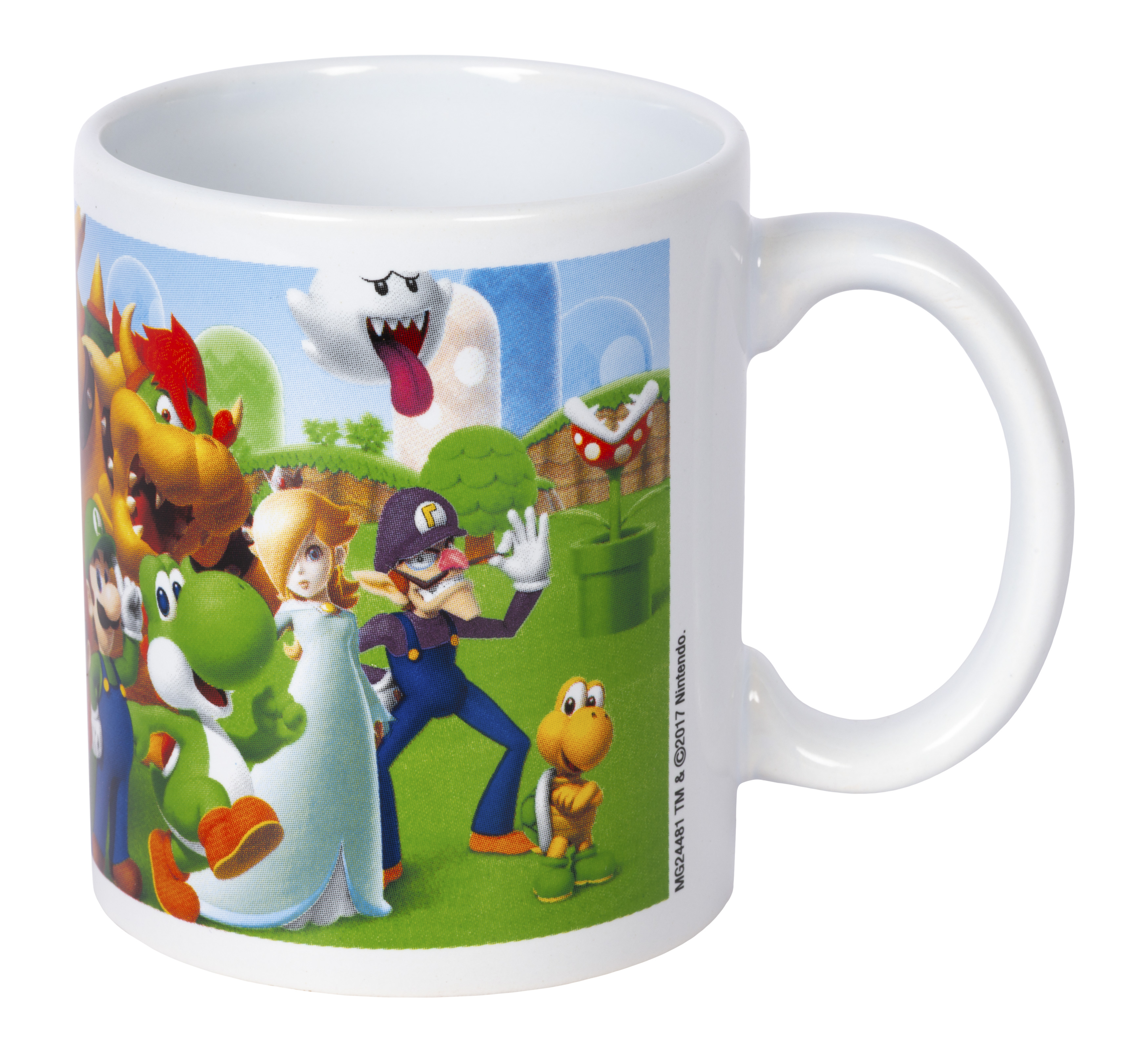 Weißer Becher mit Super Mario-Figuren, darunter Mario, Yoshi und Bowser. Grünes Gras, blauer Himmel im Hintergrund.