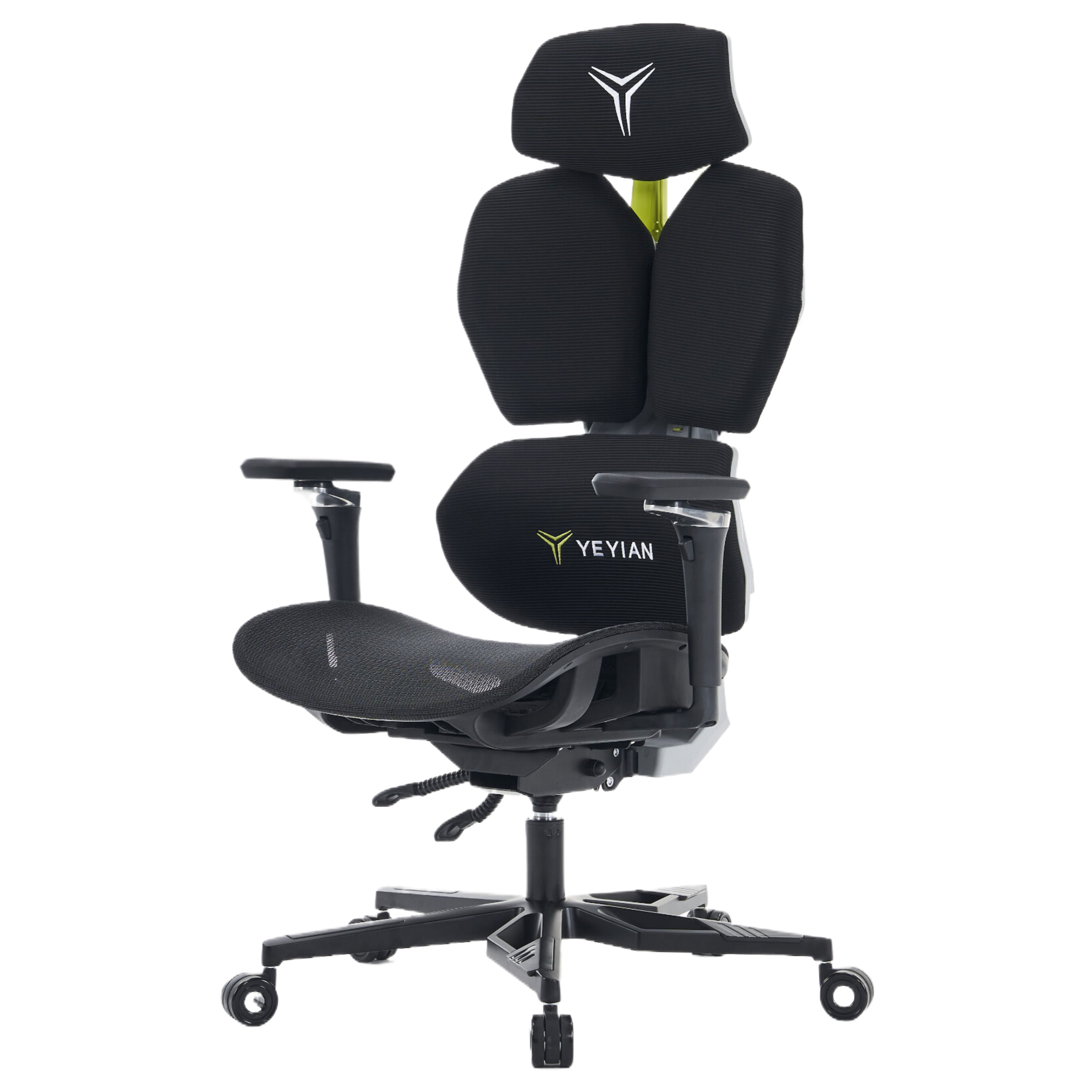 Silla gaming ergonómica negra con reposacabezas, respaldo, reposabrazos y base de cinco estrellas con ruedas.