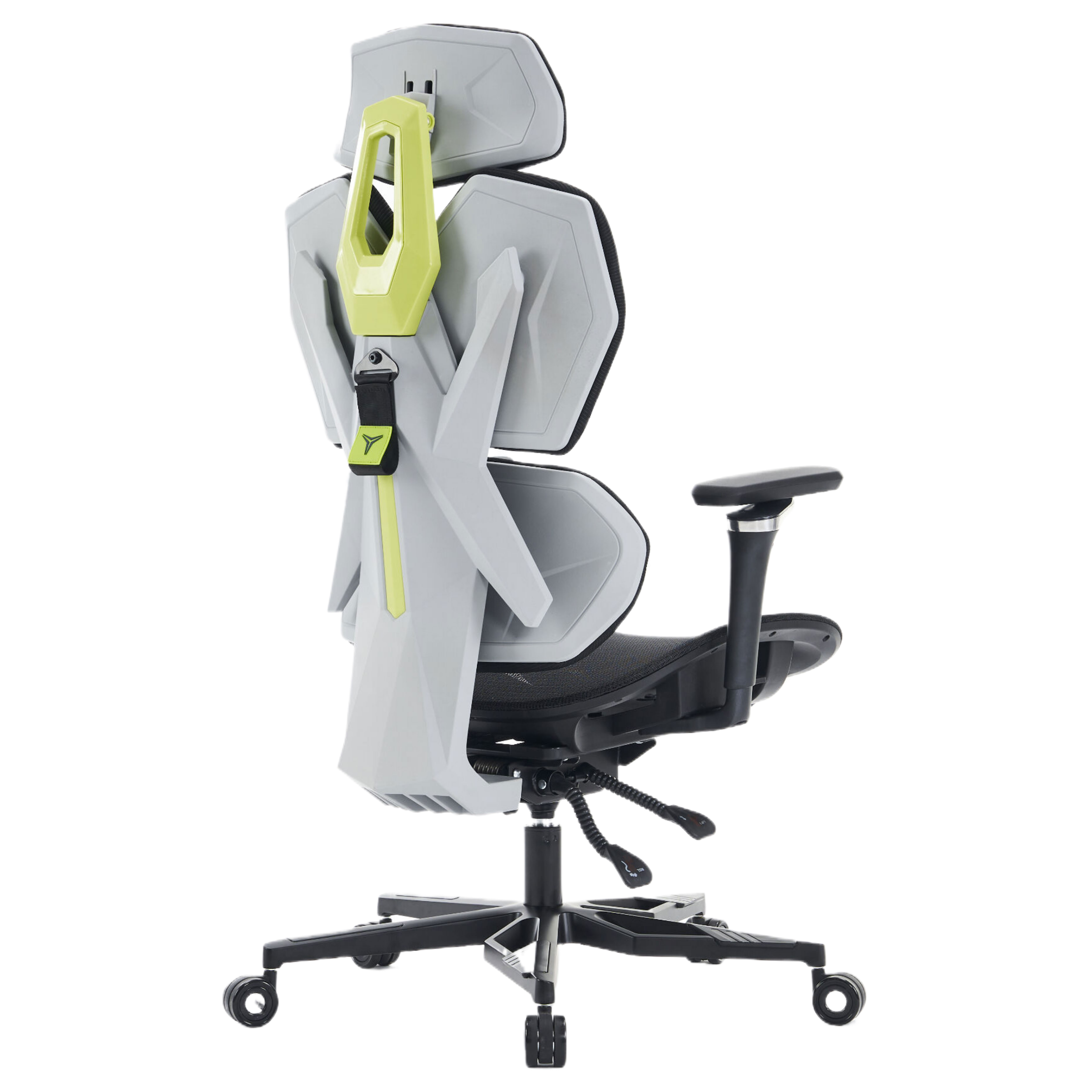 Una silla gaming gris y negra con detalles verdes, vista lateral, sobre fondo blanco.