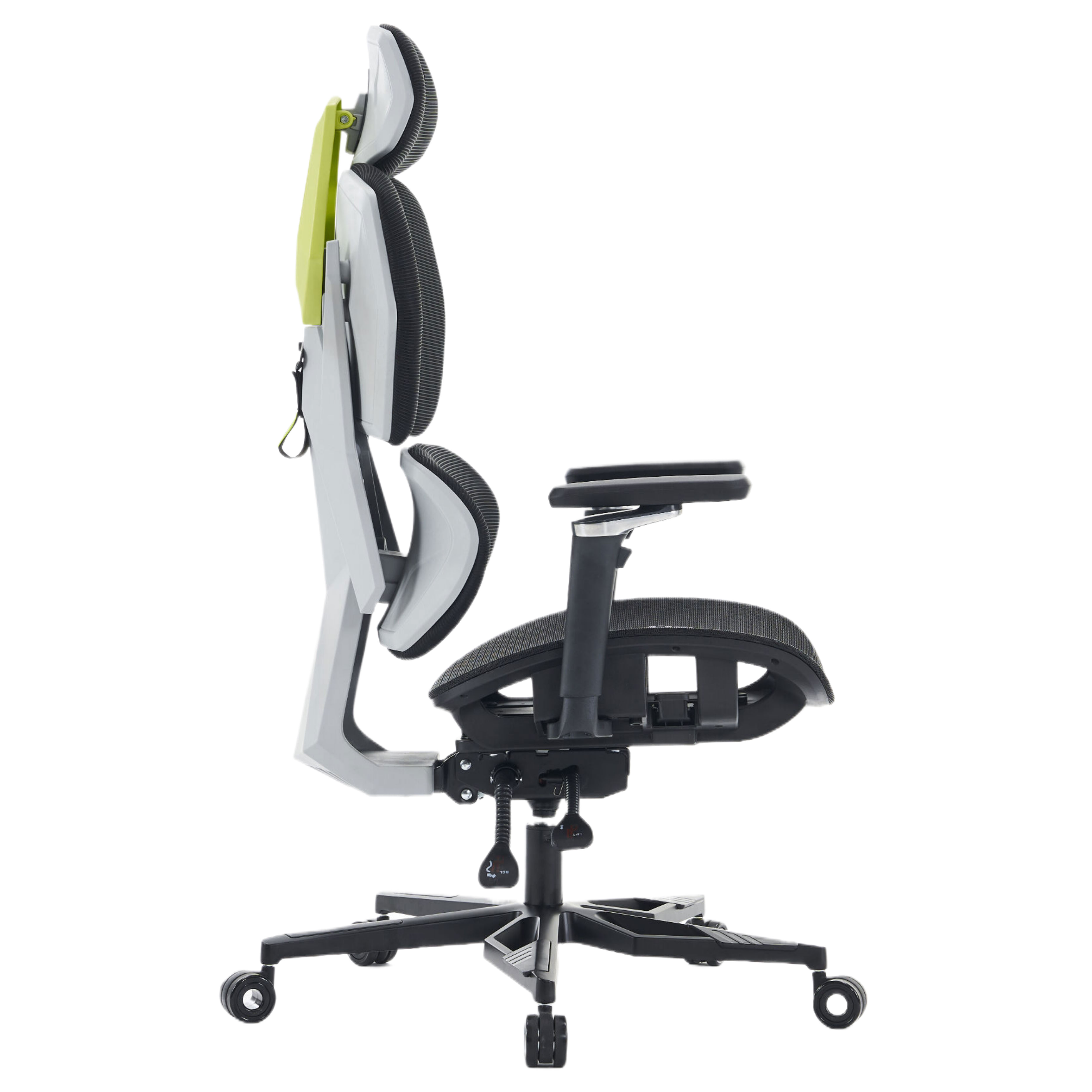 Una silla de oficina, vista lateral. Tiene asiento y respaldo negros, marco y reposacabezas blancos y ruedas.