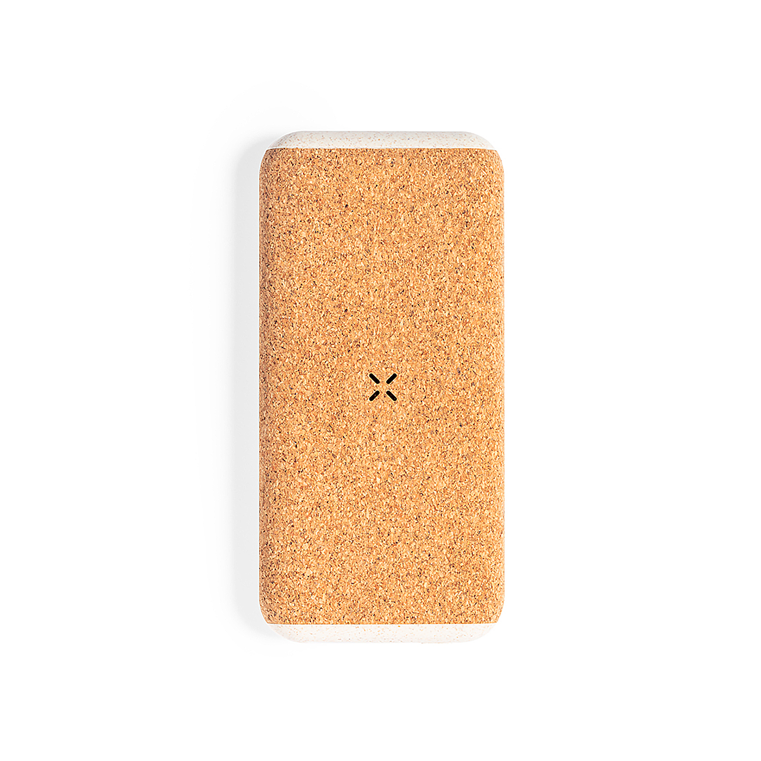 Un dispositivo rettangolare con texture simile al sughero ed estremità bianche, con un simbolo a croce nera al centro.