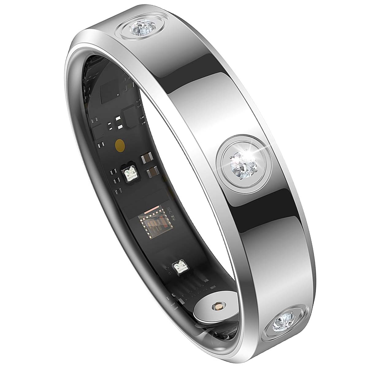 Ein silberner Ring mit drei klaren Edelsteinen. Im Inneren befindet sich eine dunkle Leiterplatte mit elektronischen Bauteilen. Der Ring ist auf weißem Grund.