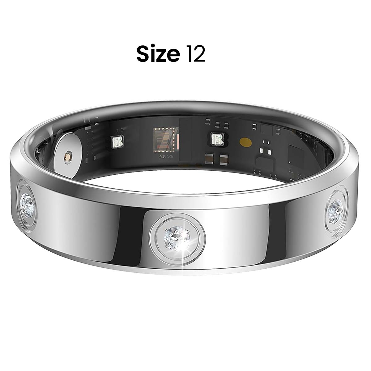 Ein silberner Smartring. Er hat drei runde, klare Steine. Der Ring ist mit "Size 12" beschriftet. Innen sind kleine elektronische Bauteile zu sehen.