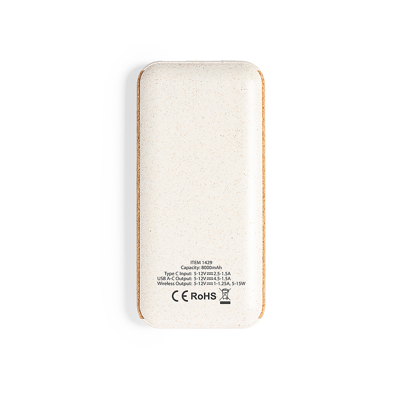 Un power bank rettangolare con superficie color crema macchiettata e bordi in sughero. Il testo riporta dettagli su capacità, specifiche di ingresso e uscita.