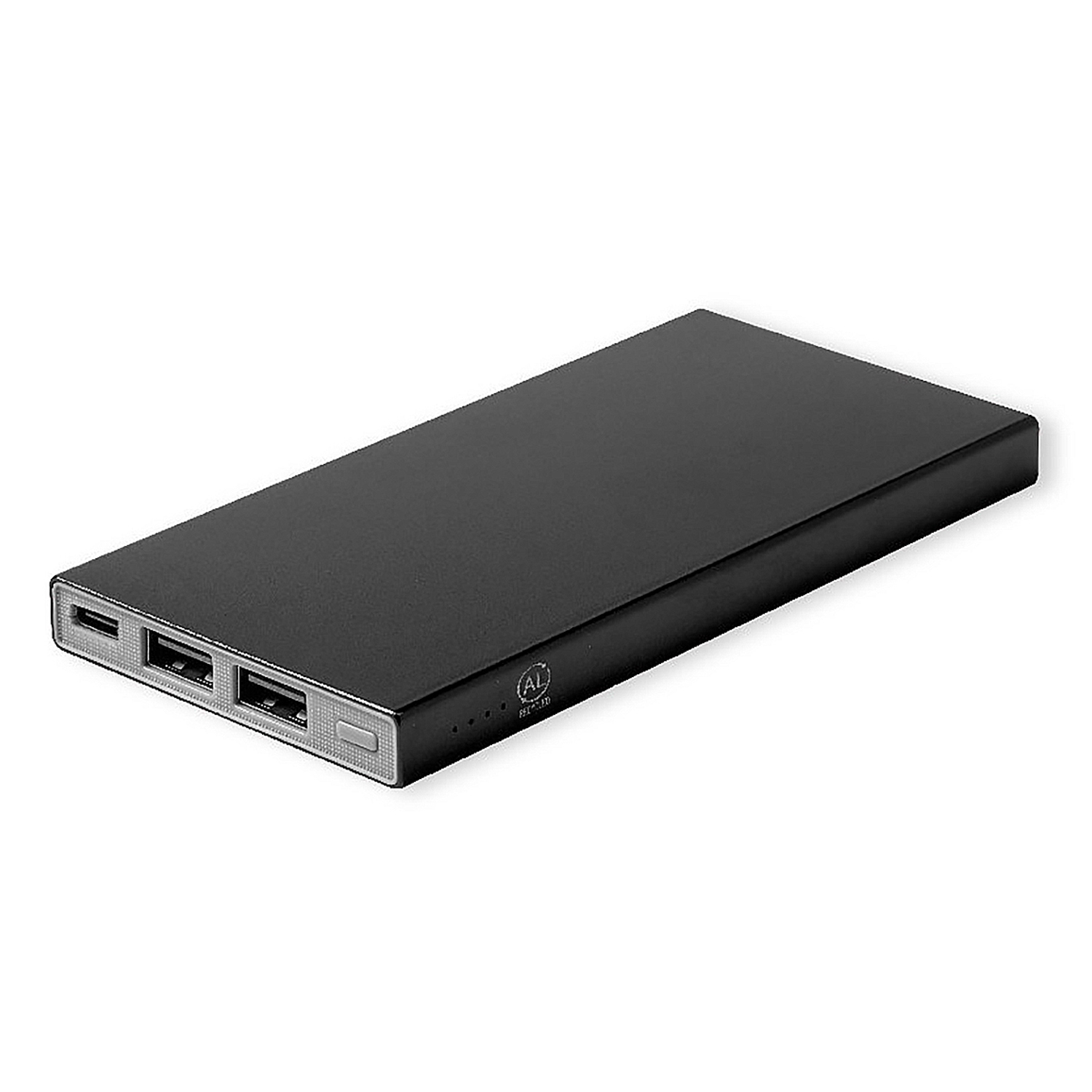 Eine schwarze, rechteckige Powerbank mit USB-Anschlüssen und einem Power-Button auf weißem Hintergrund.