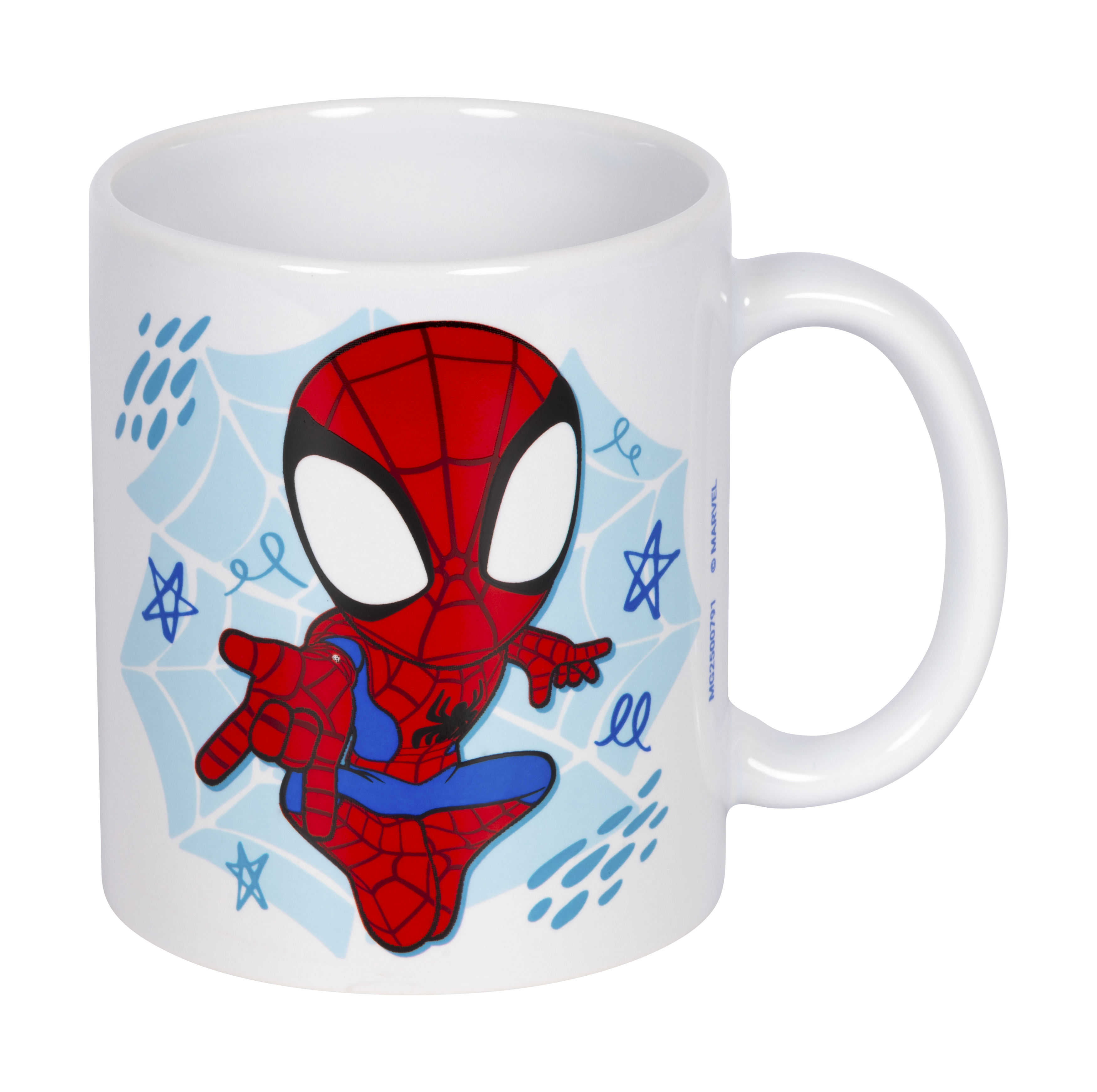 Eine weiße Tasse mit Spiderman-Design. Spiderman in Rot und Blau befindet sich auf hellblauem Spinnennetz-Hintergrund.
