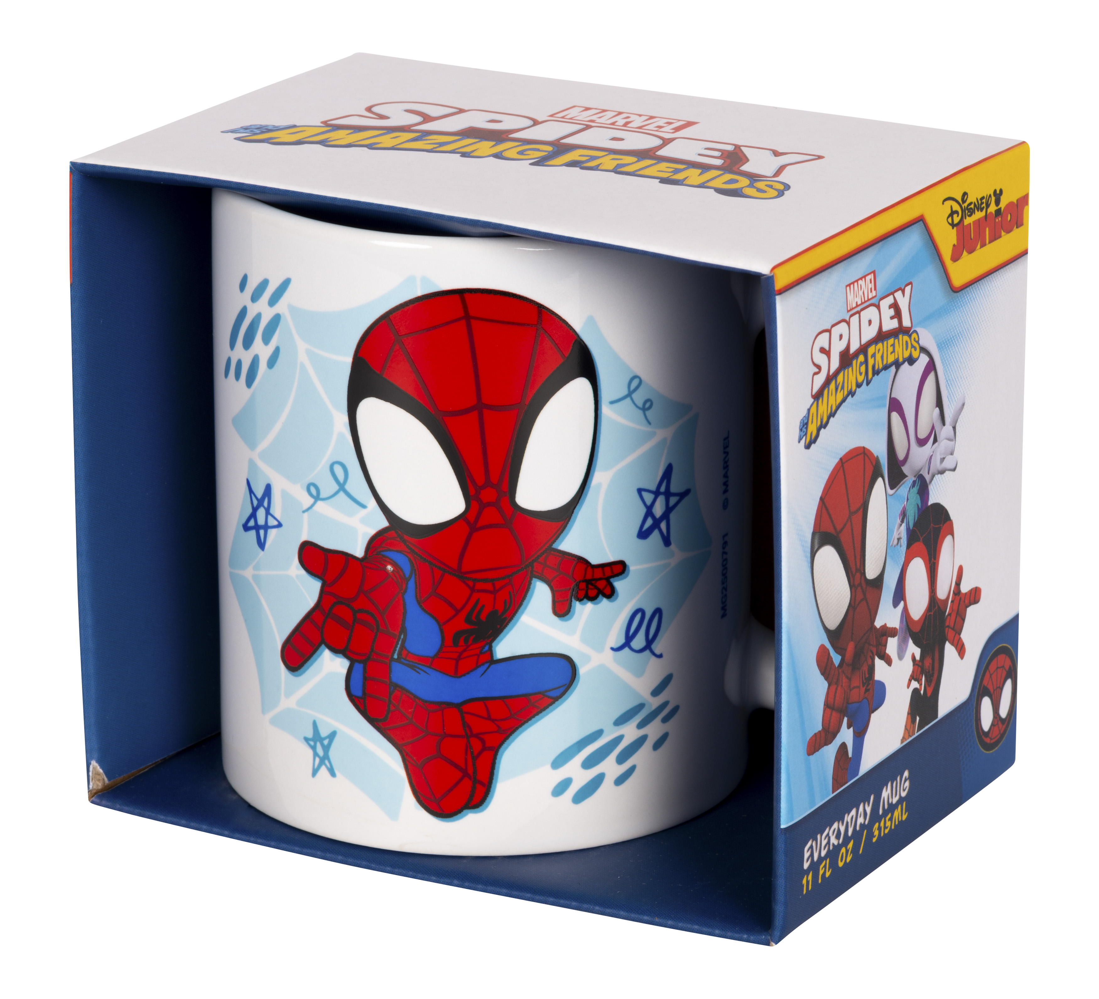 Spider-Man-Tasse in einer Box. Die Tasse zeigt Spider-Man. Die Box ist blau und weiß mit Spider-Man-Grafiken.