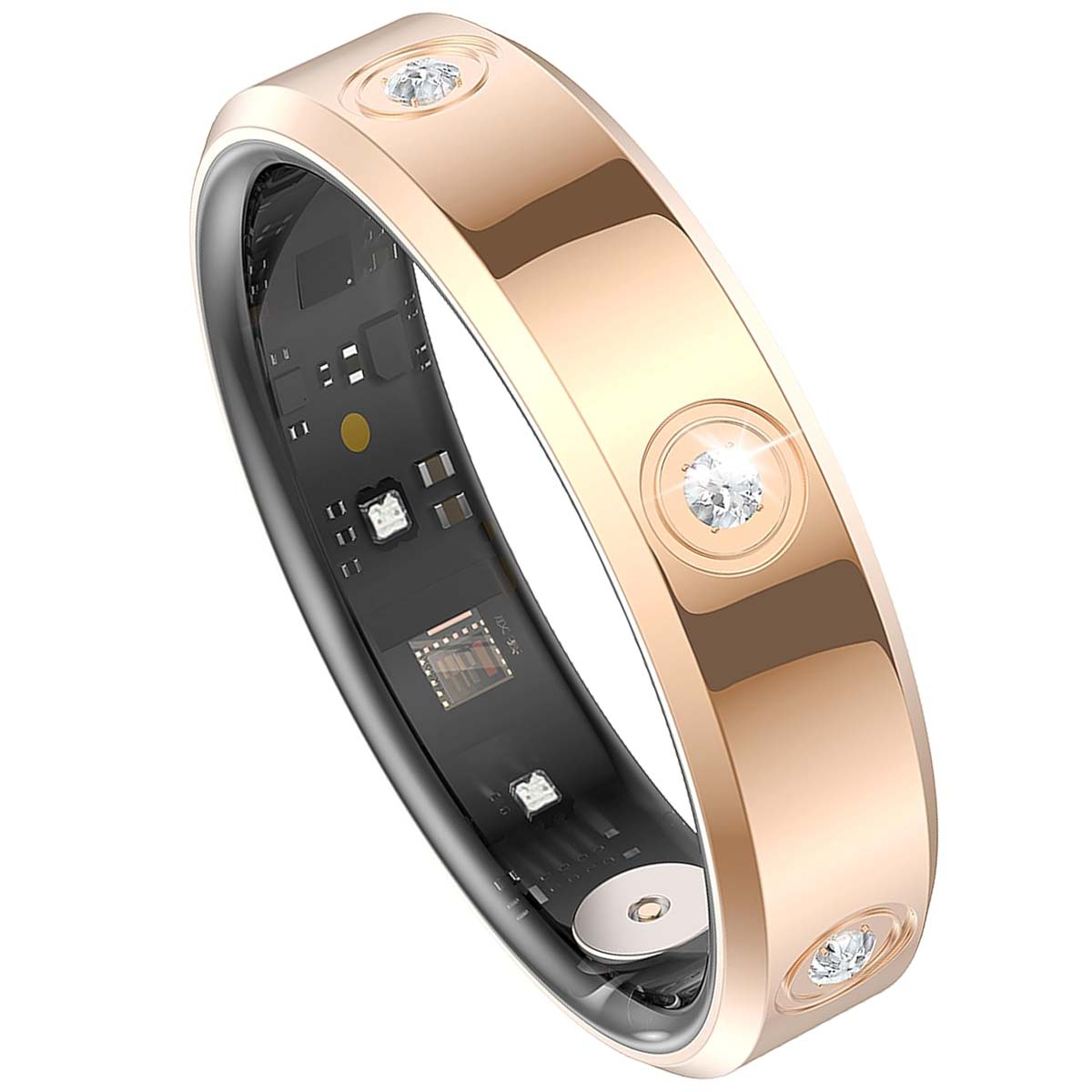 Roségoldener Smartring mit drei eingebetteten Diamanten. Der Ring hat eine schwarze Innenkomponente mit elektronischen Schaltkreisen.