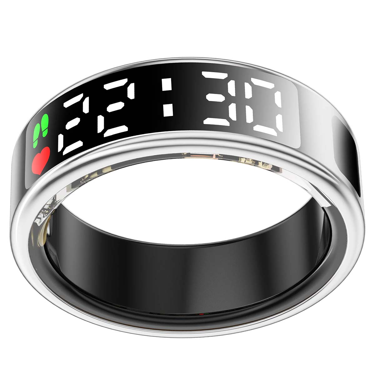 Ein intelligenter Ring zeigt die Uhrzeit 22:30 an. Er hat ein Herz- und ein Schrittsymbol. Der Ring ist silber und schwarz. Digitalanzeige ist weiß.