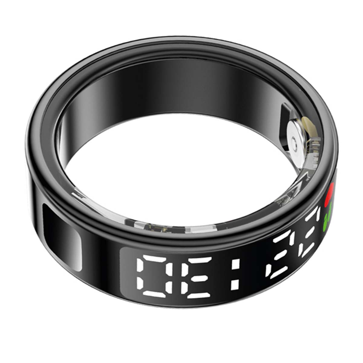 Primo piano di un anello intelligente nero con display digitale che mostra l'ora. L'anello è su sfondo bianco.