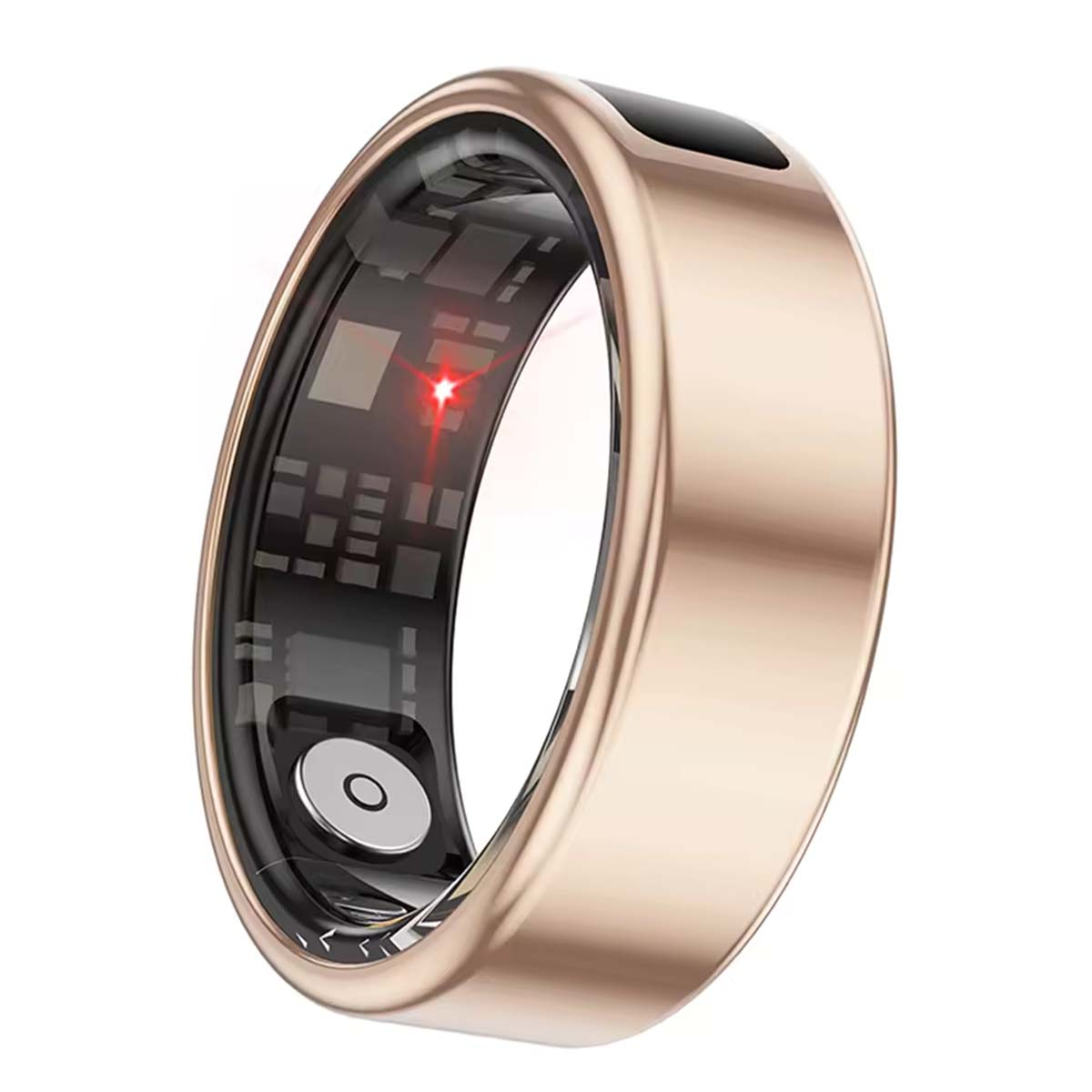 Ein roségoldener Smartring mit schwarzem Innenband, sichtbaren Schaltkreisen und rotem Licht. Der Ring befindet sich auf weißem Hintergrund.