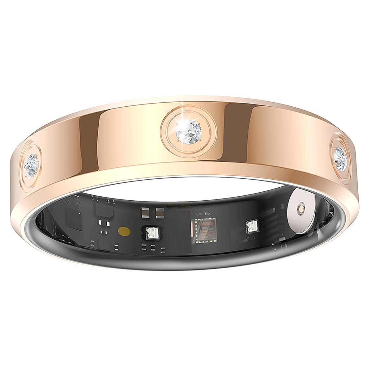 Ein roségoldener Ring mit drei Diamanten und einem schwarzen Innenraum mit elektronischen Komponenten.