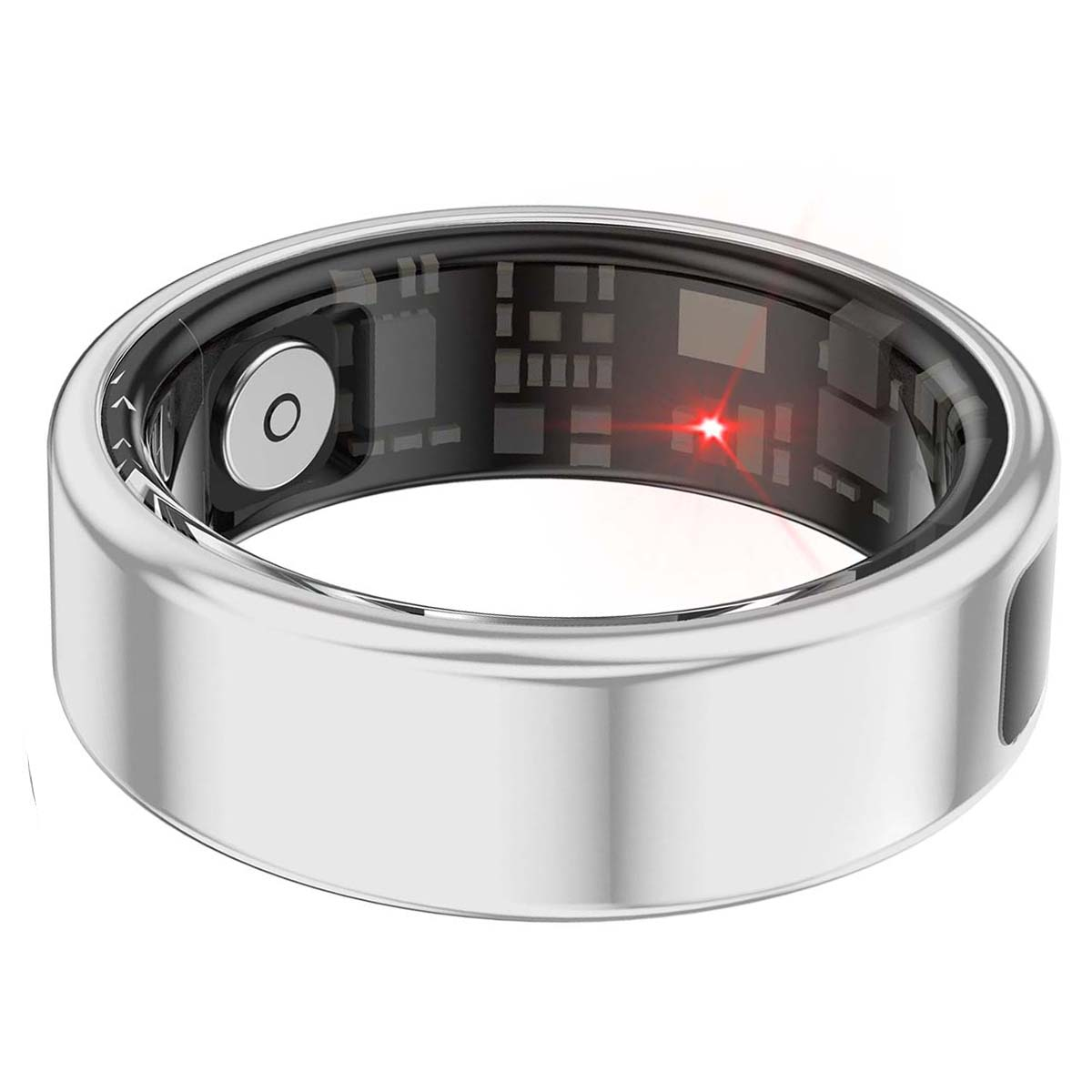 Un anello intelligente argentato. Ha una fascia interna nera con componenti elettronici visibili. Emette una luce rossa.
