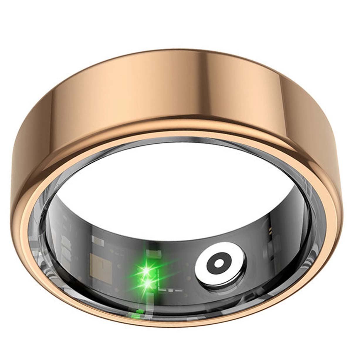 Ein roségoldener Smartring mit schwarzem Innenraum. Er hat ein grünes Licht und einen weißen Kreis. Der Ring ist auf weißem Hintergrund.