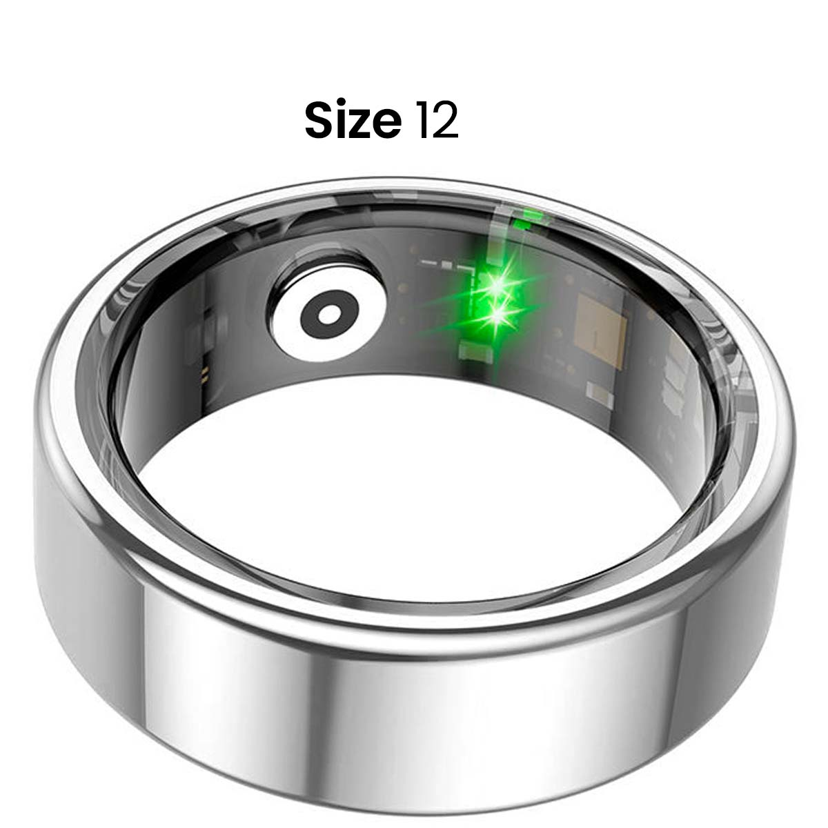 Ein silberner Smartring, Größe 12, mit schwarzem Innenraum. Grüne Lichter sind an. Ein kleiner Kreis befindet sich im Ringinneren.