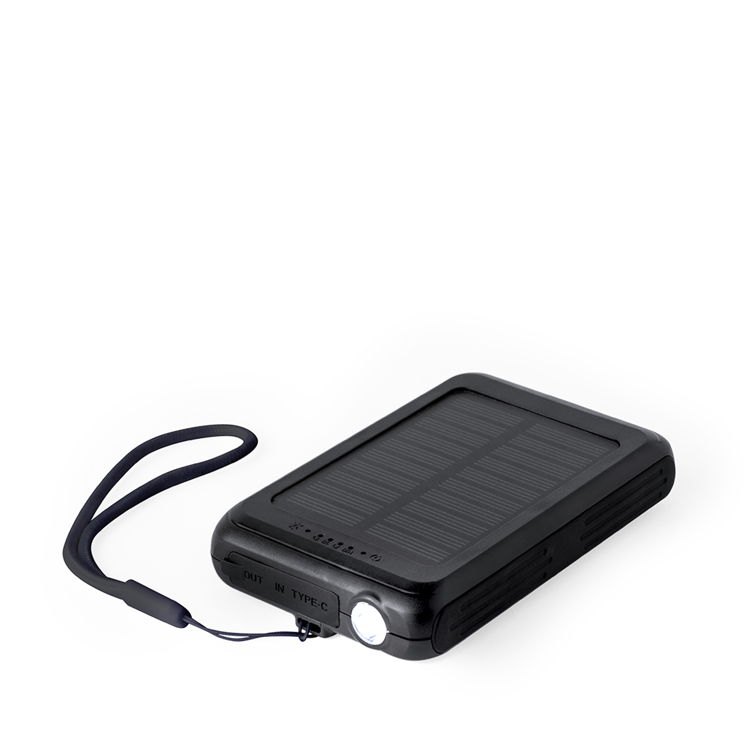 Un power bank solare nero con cinturino da polso è su una superficie bianca. Ha un pannello solare e una luce.
