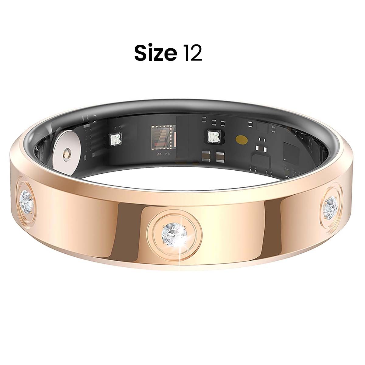Ein roségoldener Smartring mit drei Diamanten. Das Innere des Rings zeigt Schaltkreise. Der Text 'Größe 12' steht über dem Ring.