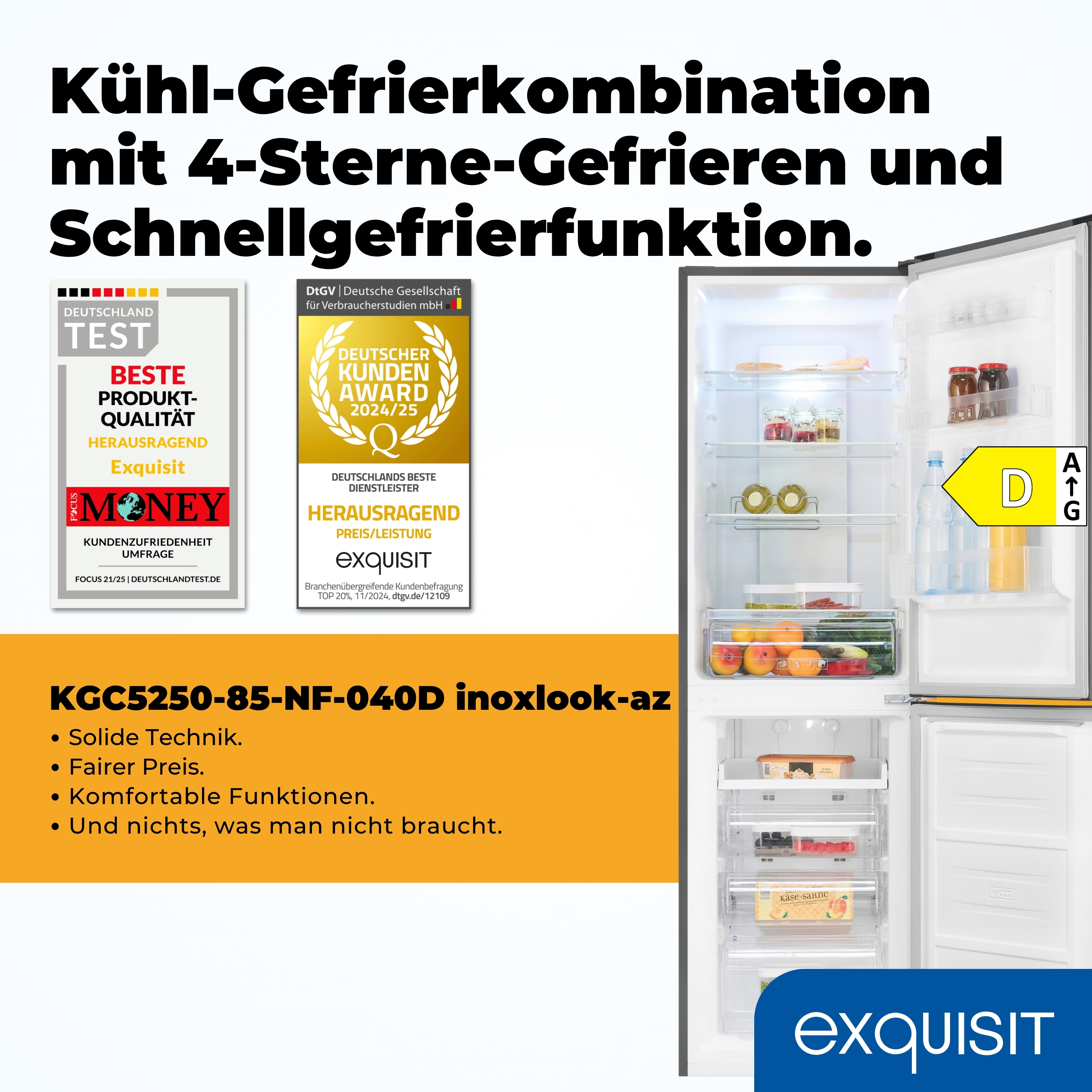 Ein Kühlschrank mit offener Tür. Innen sind Regale mit Lebensmitteln und Getränken. Text links mit Auszeichnungen und Produktdetails.