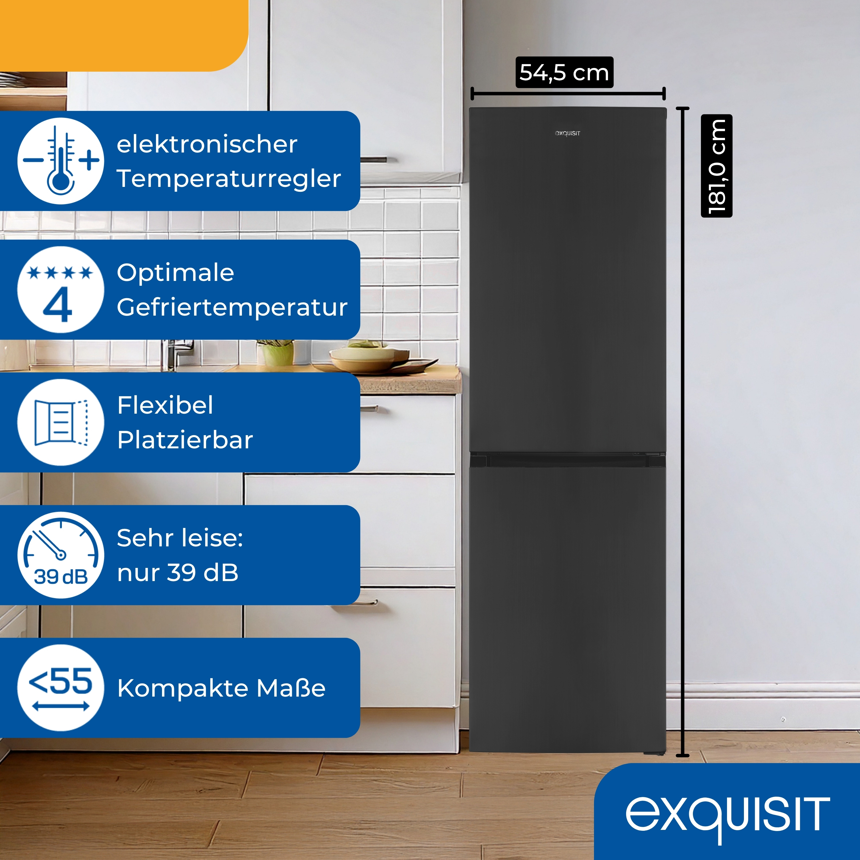 Ein schwarzer Kühlschrank steht vor einer weißen Wand mit blauen Informationsetiketten, darunter Temperaturregelung und Größe.
