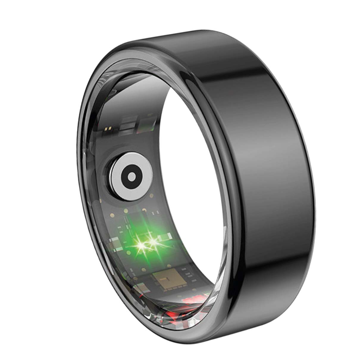 Nahaufnahme eines dunkelgrauen Smartrings. Der Ring hat ein schlankes Design mit transparentem Innenraum, der grüne Lichter zeigt.