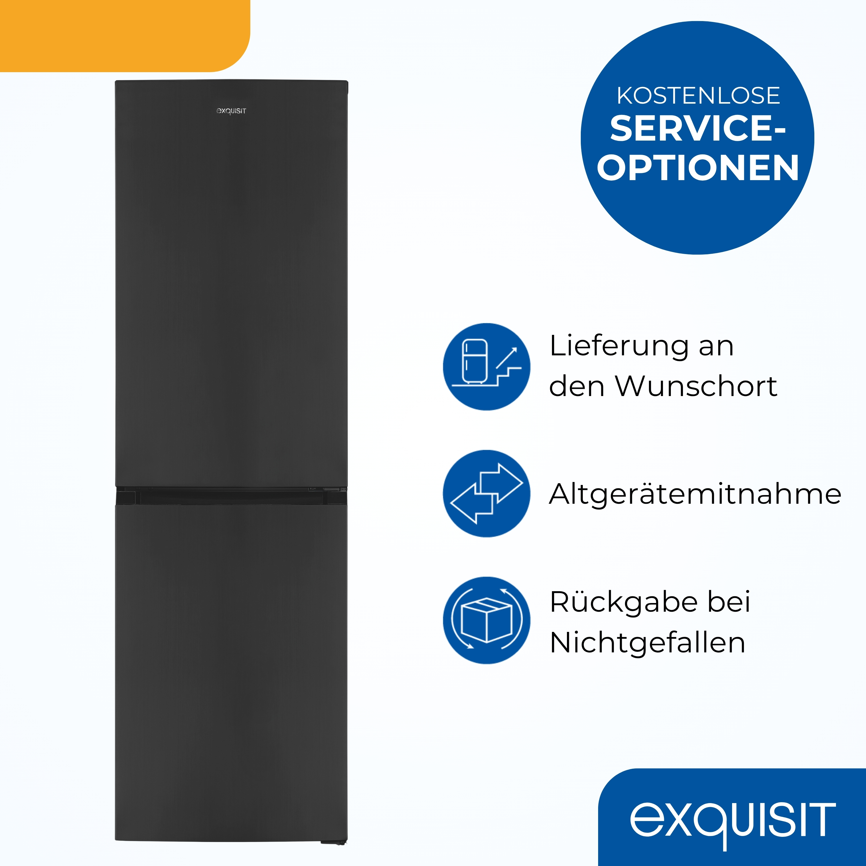 Ein schwarzer Kühlschrank mit der Marke 'exquisit'. Blaue Kreise mit Serviceoptionen. Oben ein orangefarbener Streifen.